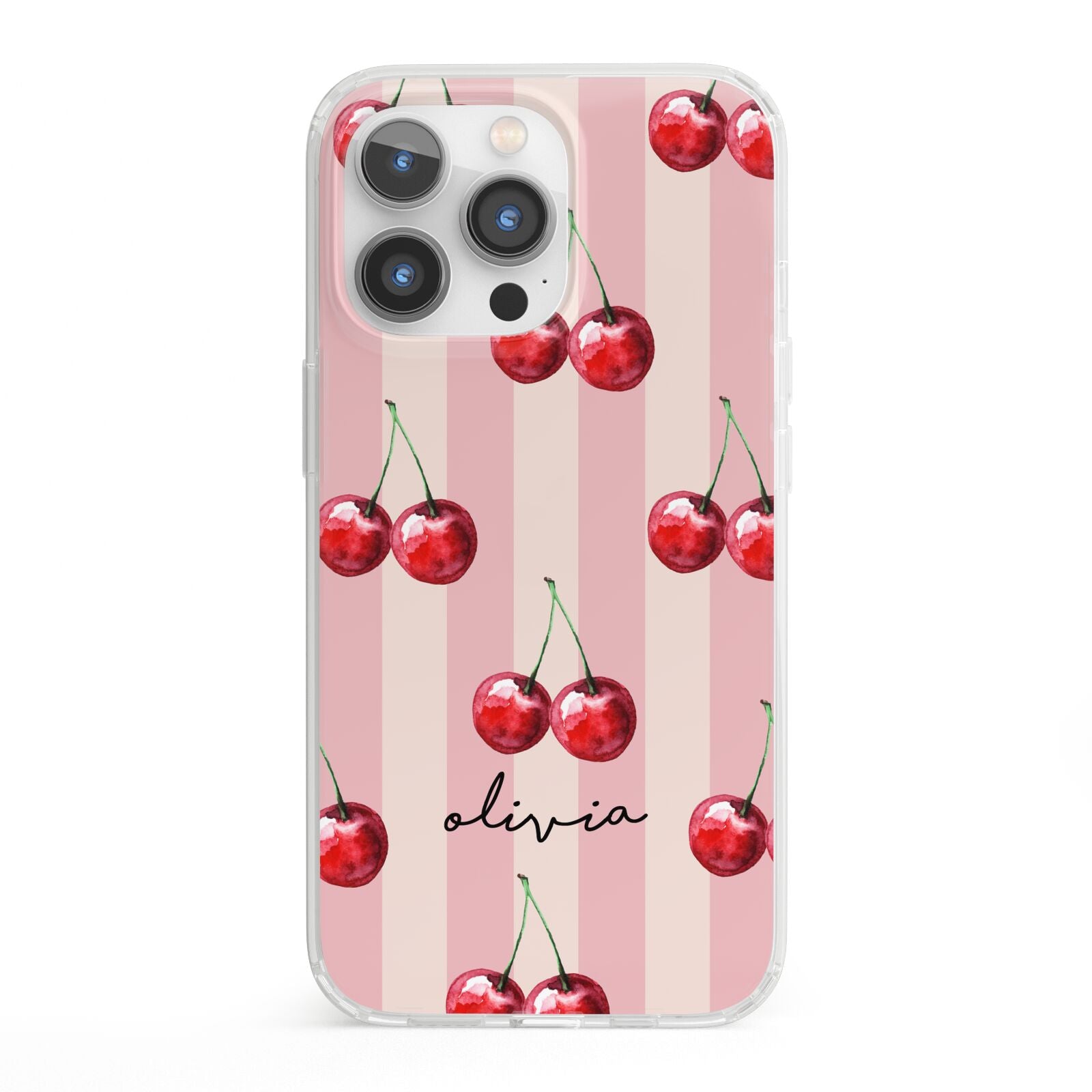 Pink Stripes with Cherries and Text iPhone 13 Pro Clear Bumper Case