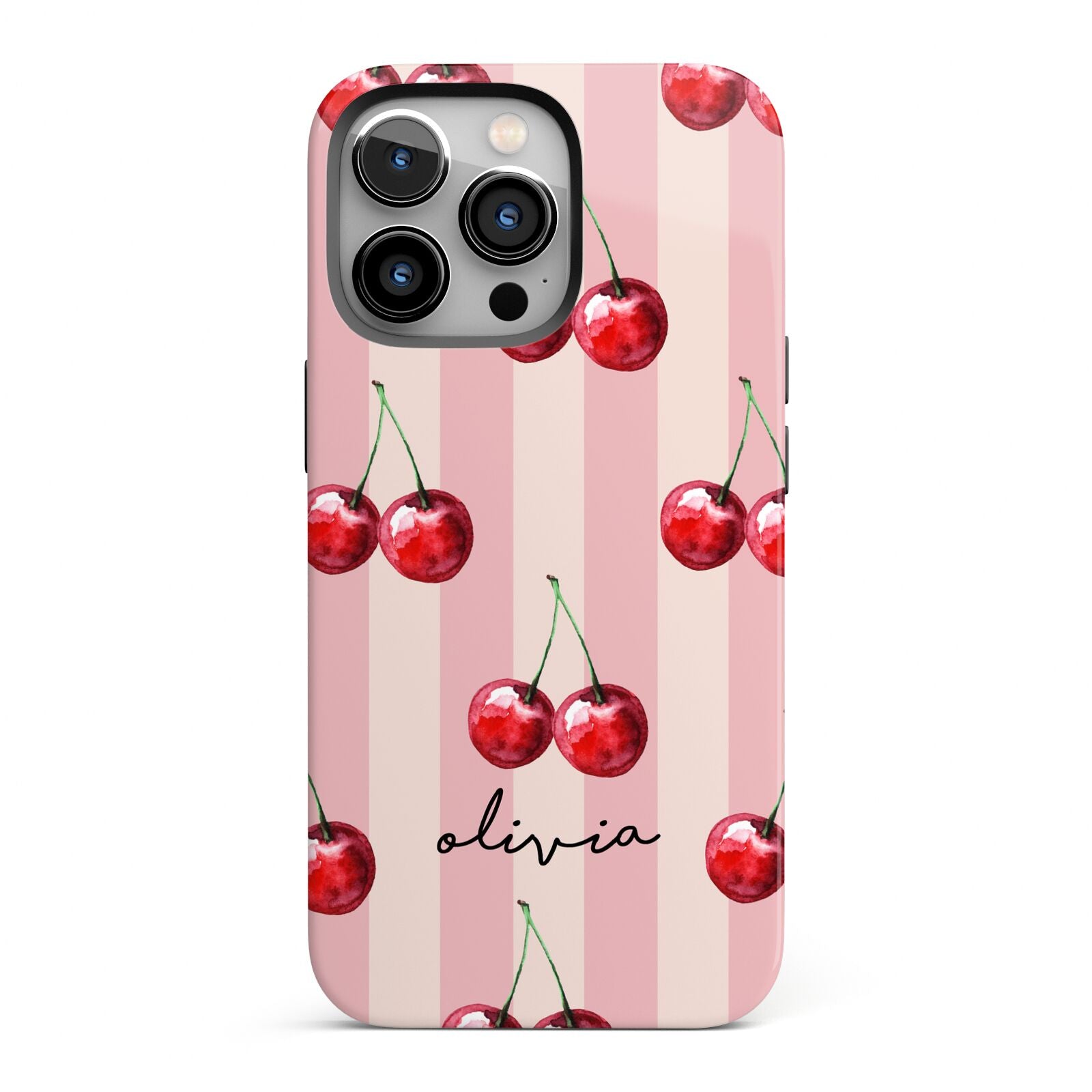 Pink Stripes with Cherries and Text iPhone 13 Pro Full Wrap 3D Tough Case