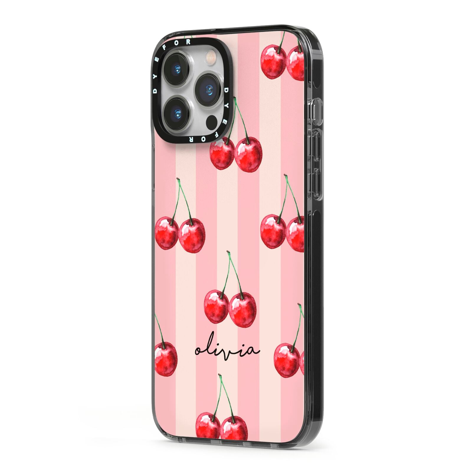 Pink Stripes with Cherries and Text iPhone 13 Pro Max Black Impact Case Side Angle on Silver phone