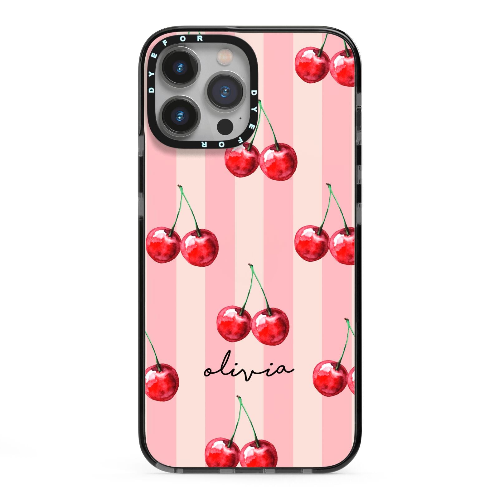 Pink Stripes with Cherries and Text iPhone 13 Pro Max Black Impact Case on Silver phone