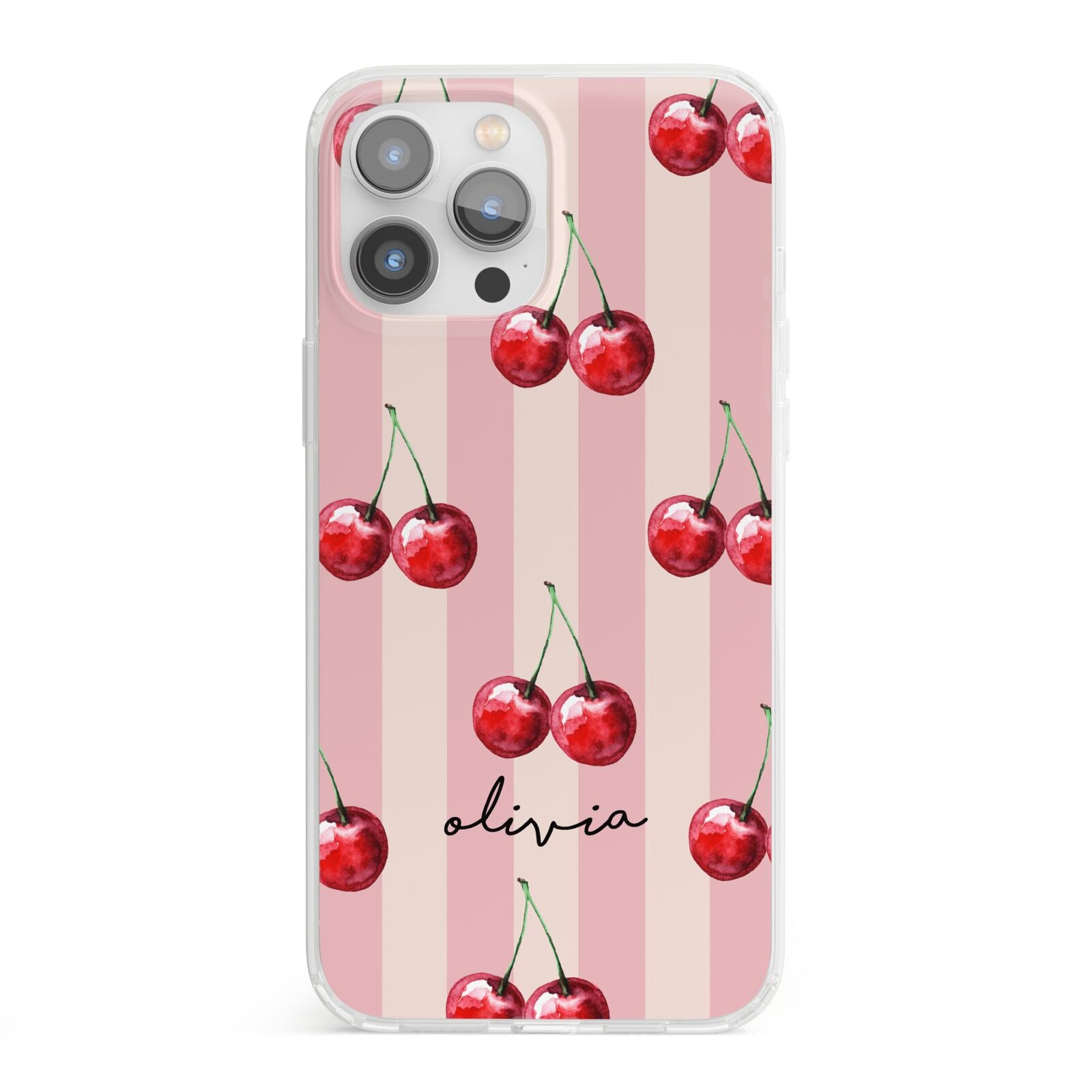 Pink Stripes with Cherries and Text iPhone 13 Pro Max Clear Bumper Case