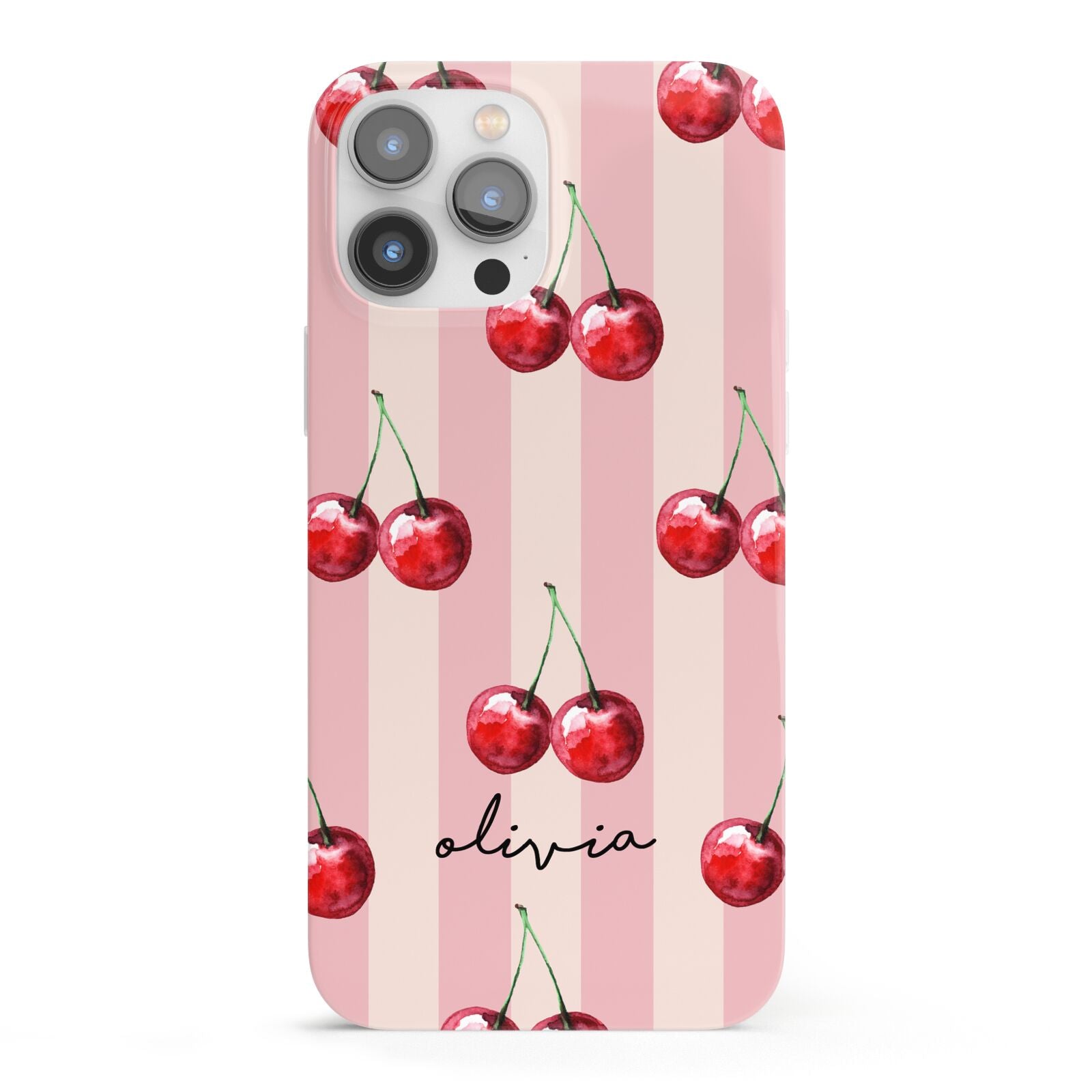 Pink Stripes with Cherries and Text iPhone 13 Pro Max Full Wrap 3D Snap Case