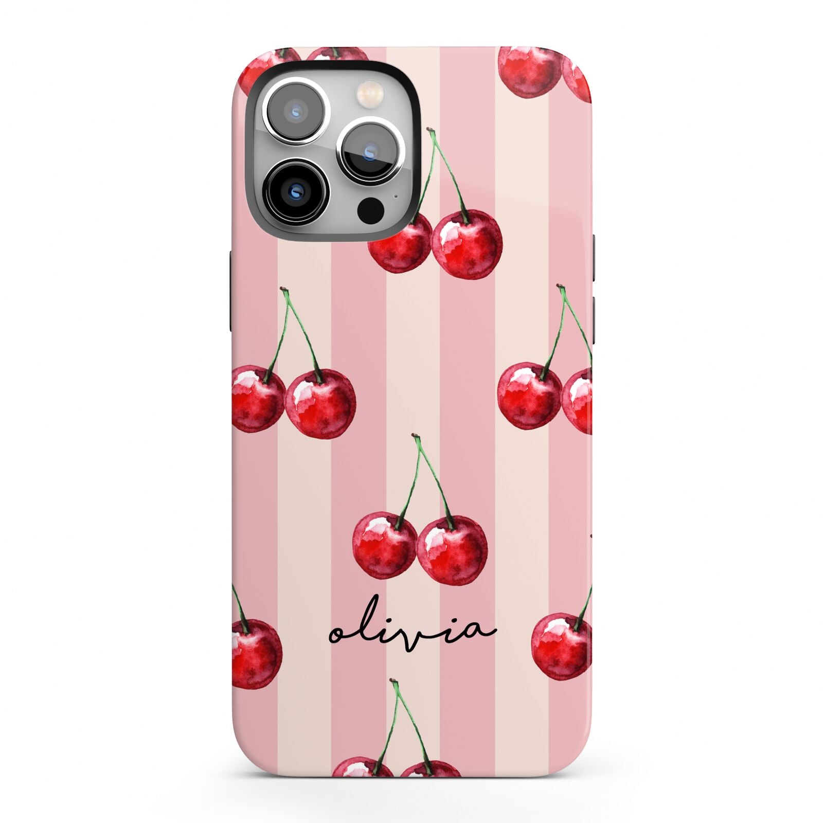 Pink Stripes with Cherries and Text iPhone 13 Pro Max Full Wrap 3D Tough Case