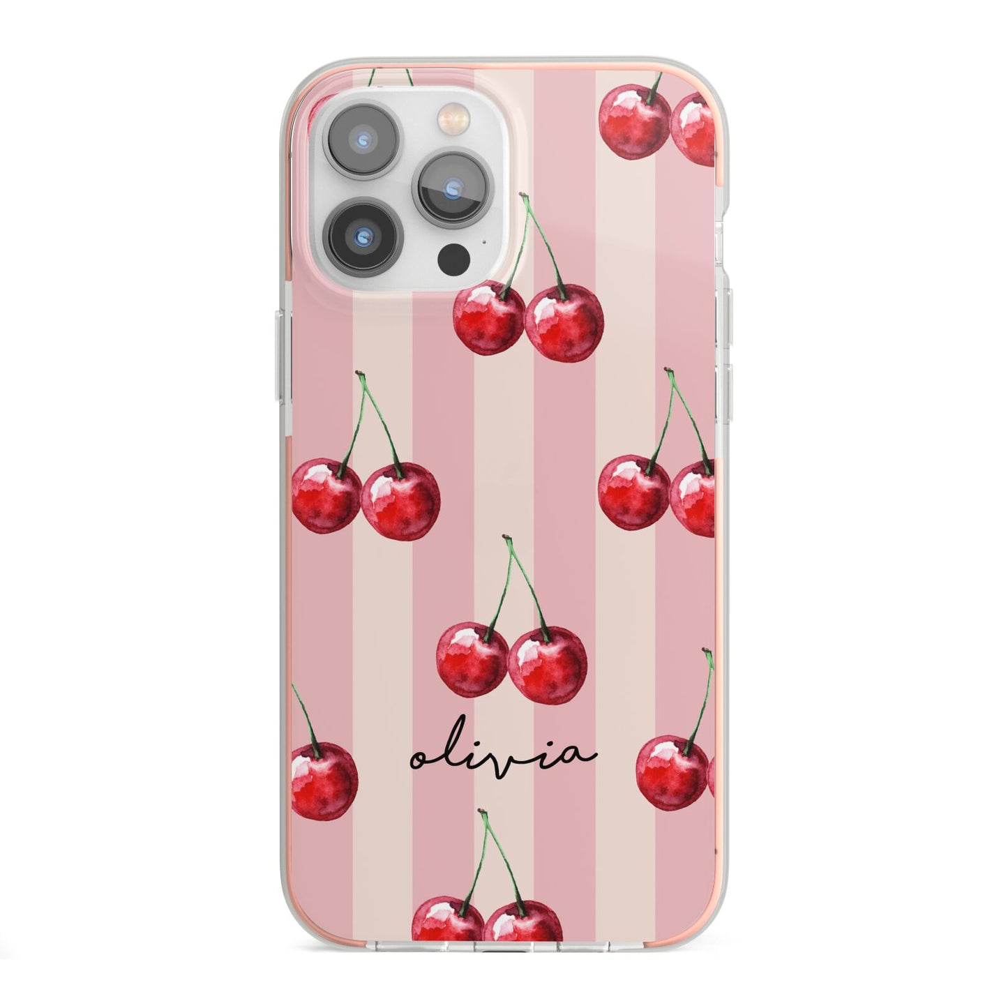 Pink Stripes with Cherries and Text iPhone 13 Pro Max TPU Impact Case with Pink Edges