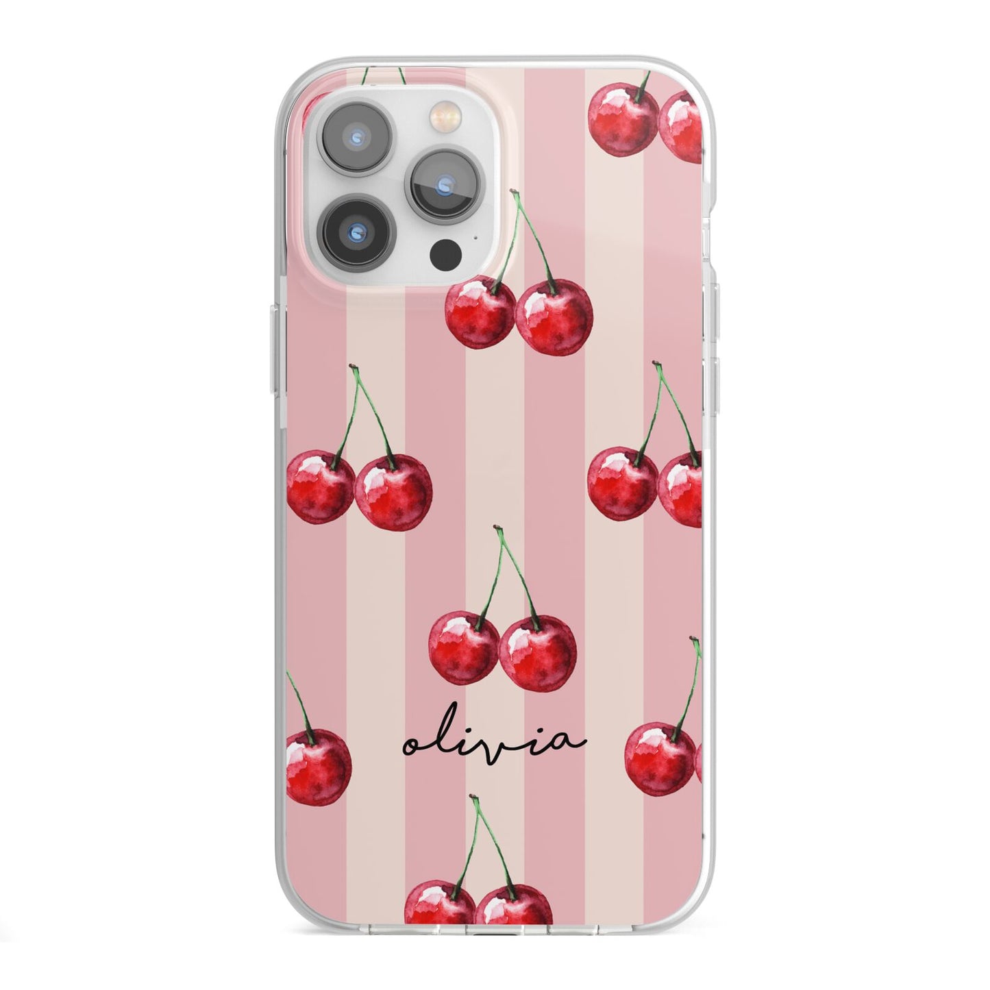 Pink Stripes with Cherries and Text iPhone 13 Pro Max TPU Impact Case with White Edges