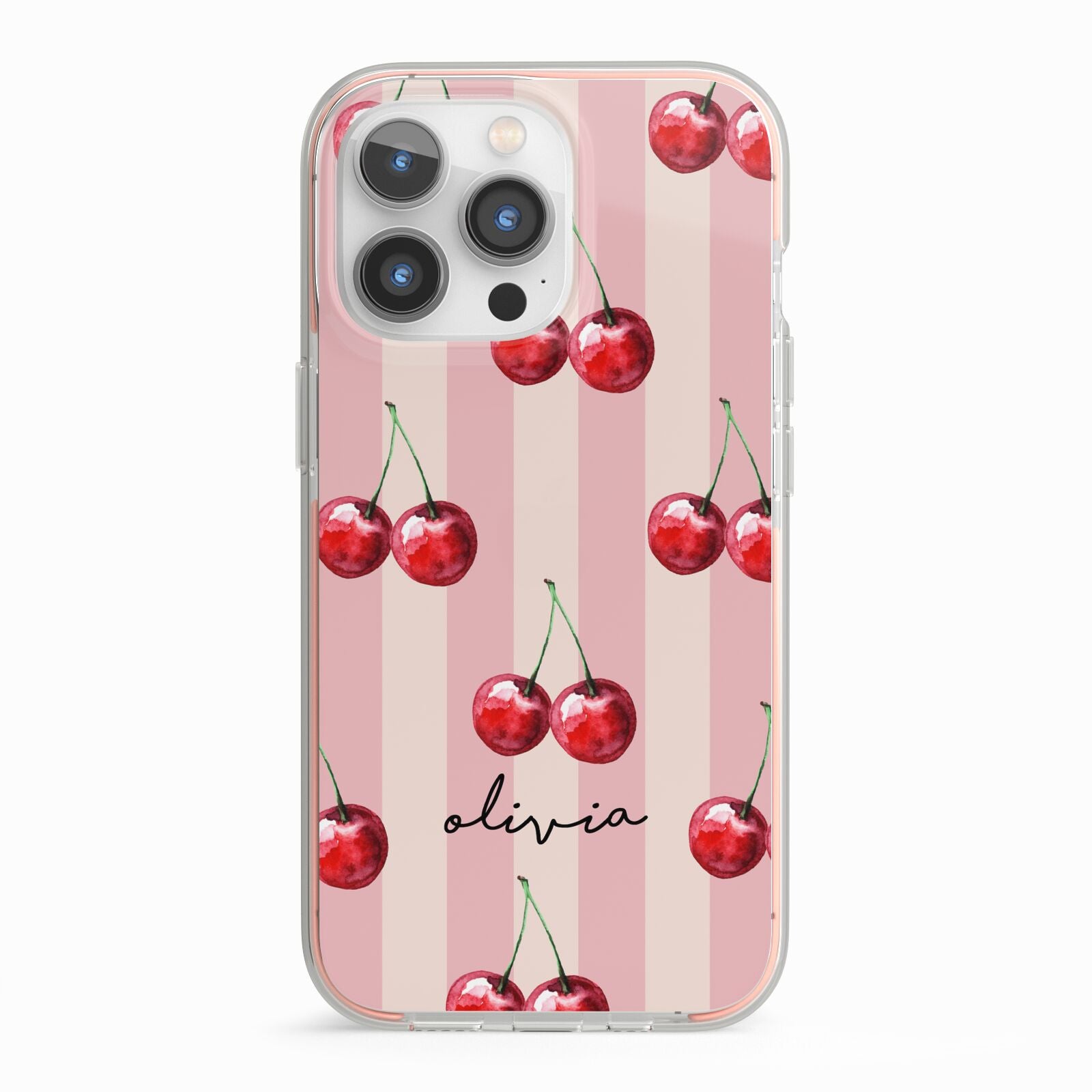 Pink Stripes with Cherries and Text iPhone 13 Pro TPU Impact Case with Pink Edges