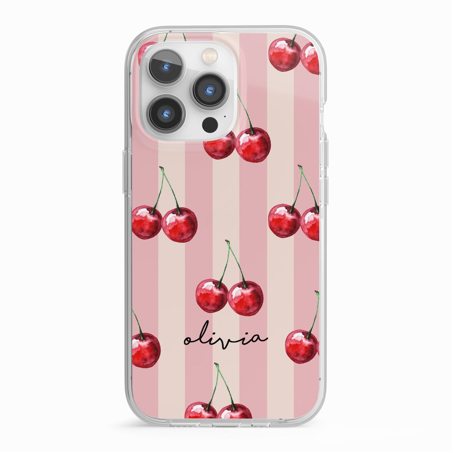 Pink Stripes with Cherries and Text iPhone 13 Pro TPU Impact Case with White Edges