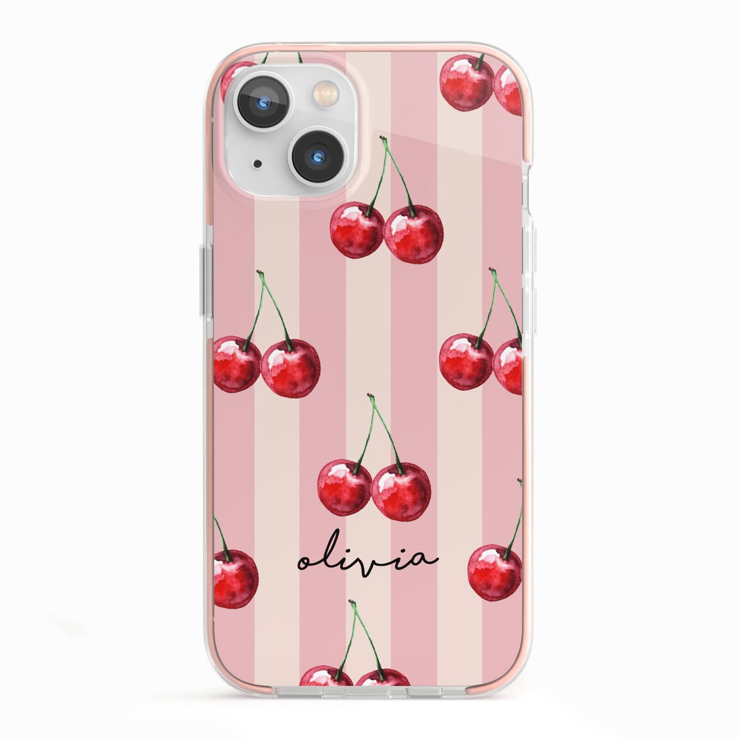 Pink Stripes with Cherries and Text iPhone 13 TPU Impact Case with Pink Edges