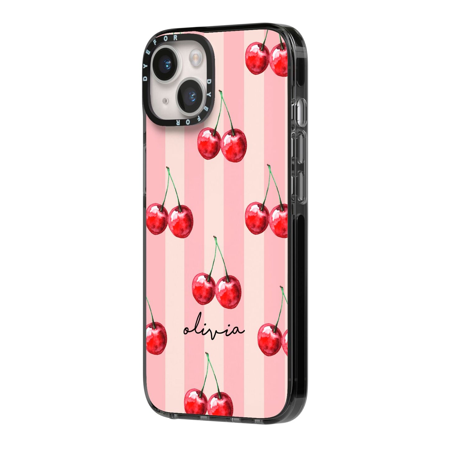 Pink Stripes with Cherries and Text iPhone 14 Black Impact Case Side Angle on Silver phone