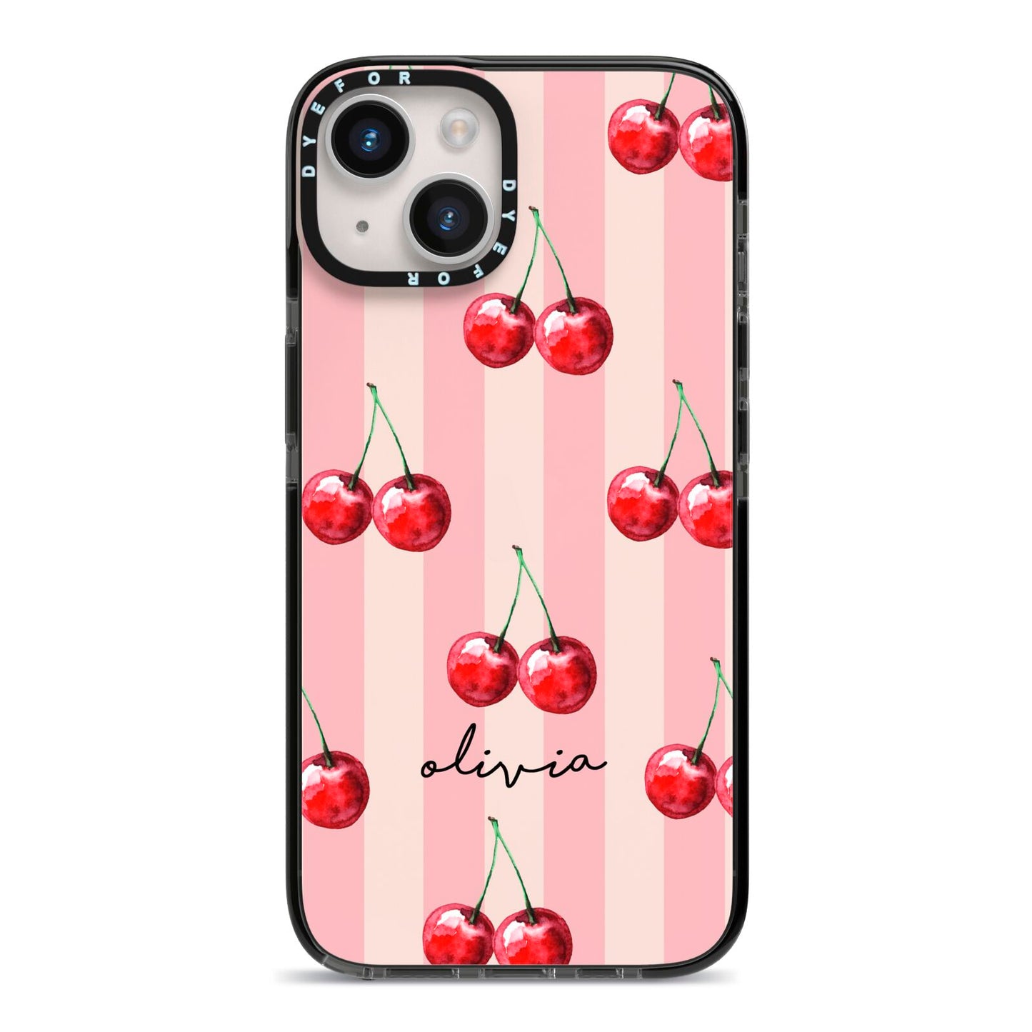 Pink Stripes with Cherries and Text iPhone 14 Black Impact Case on Silver phone