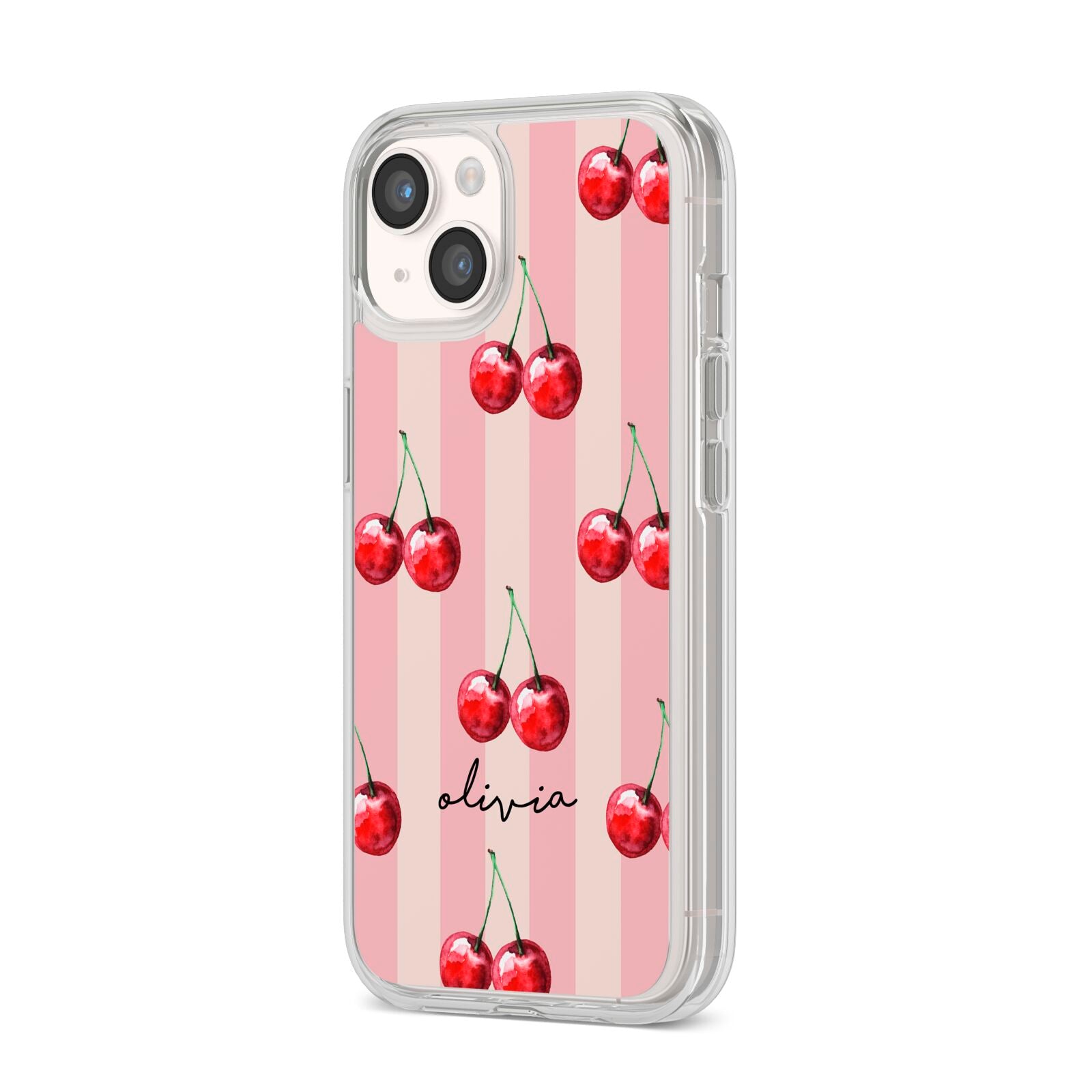 Pink Stripes with Cherries and Text iPhone 14 Clear Tough Case Starlight Angled Image