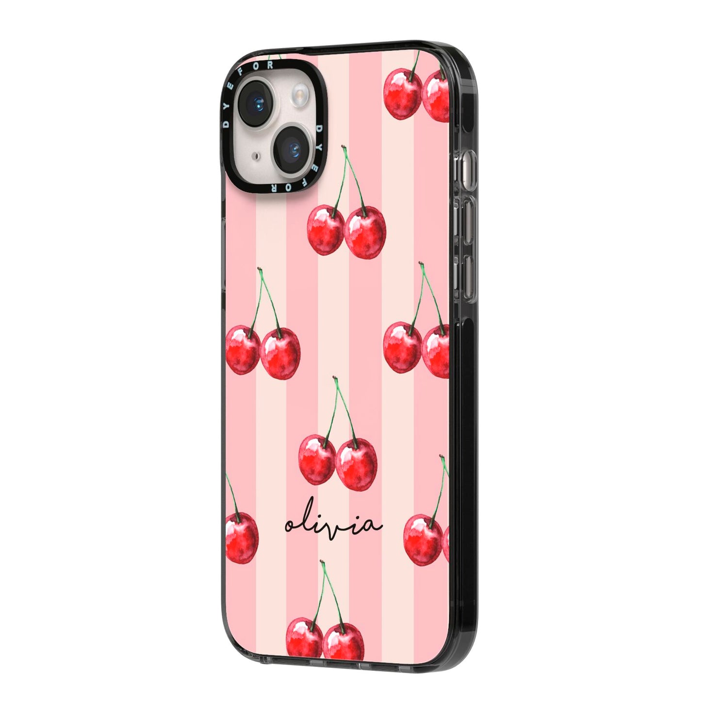 Pink Stripes with Cherries and Text iPhone 14 Plus Black Impact Case Side Angle on Silver phone