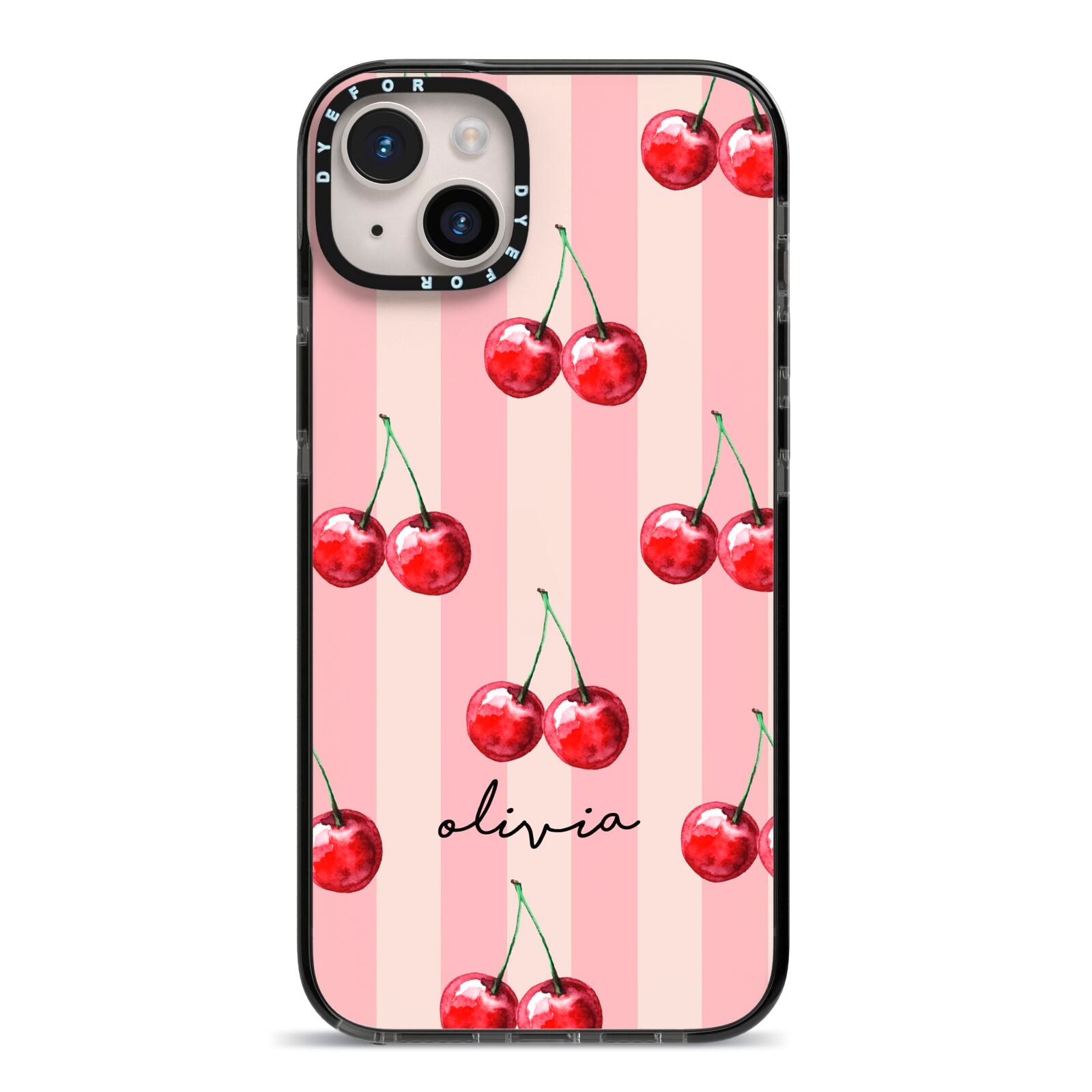 Pink Stripes with Cherries and Text iPhone 14 Plus Black Impact Case on Silver phone