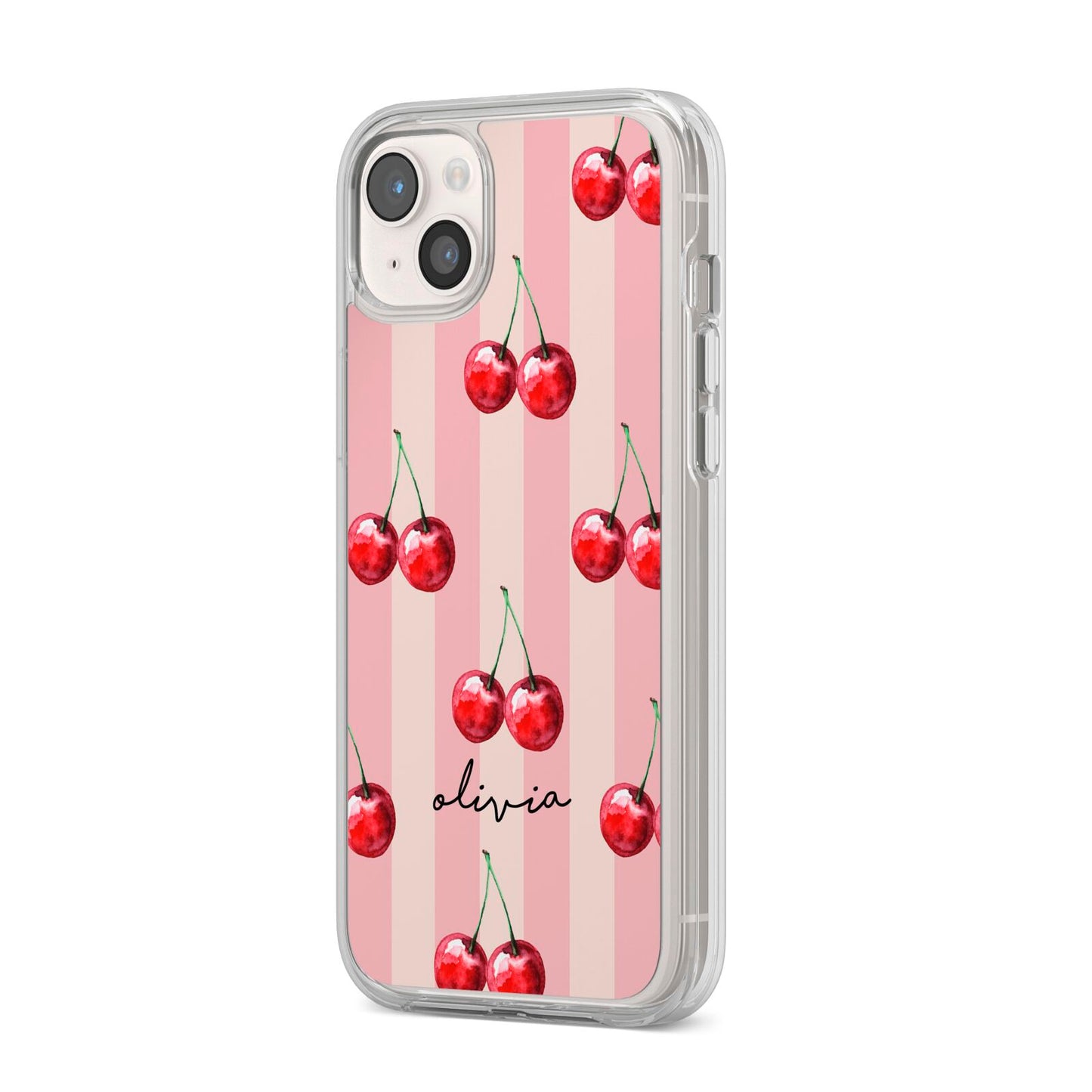 Pink Stripes with Cherries and Text iPhone 14 Plus Clear Tough Case Starlight Angled Image