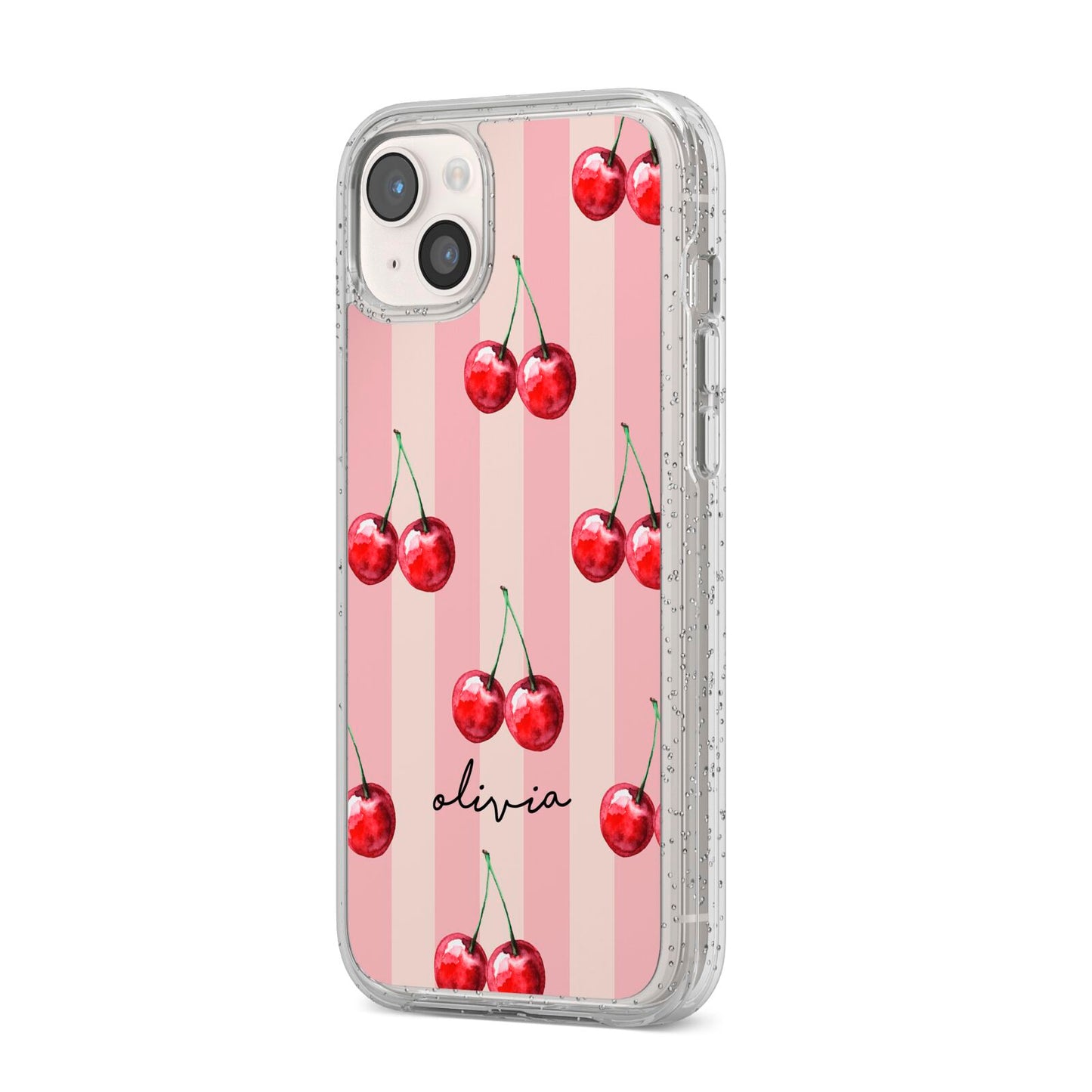 Pink Stripes with Cherries and Text iPhone 14 Plus Glitter Tough Case Starlight Angled Image