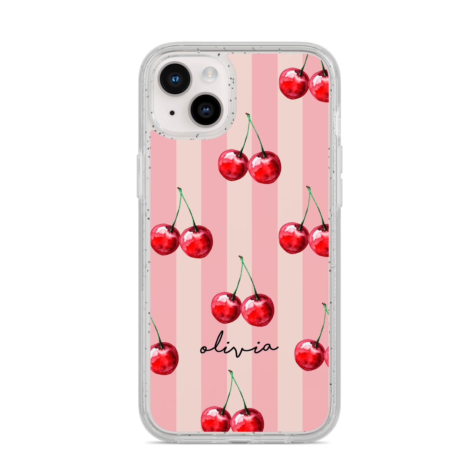 Pink Stripes with Cherries and Text iPhone 14 Plus Glitter Tough Case Starlight