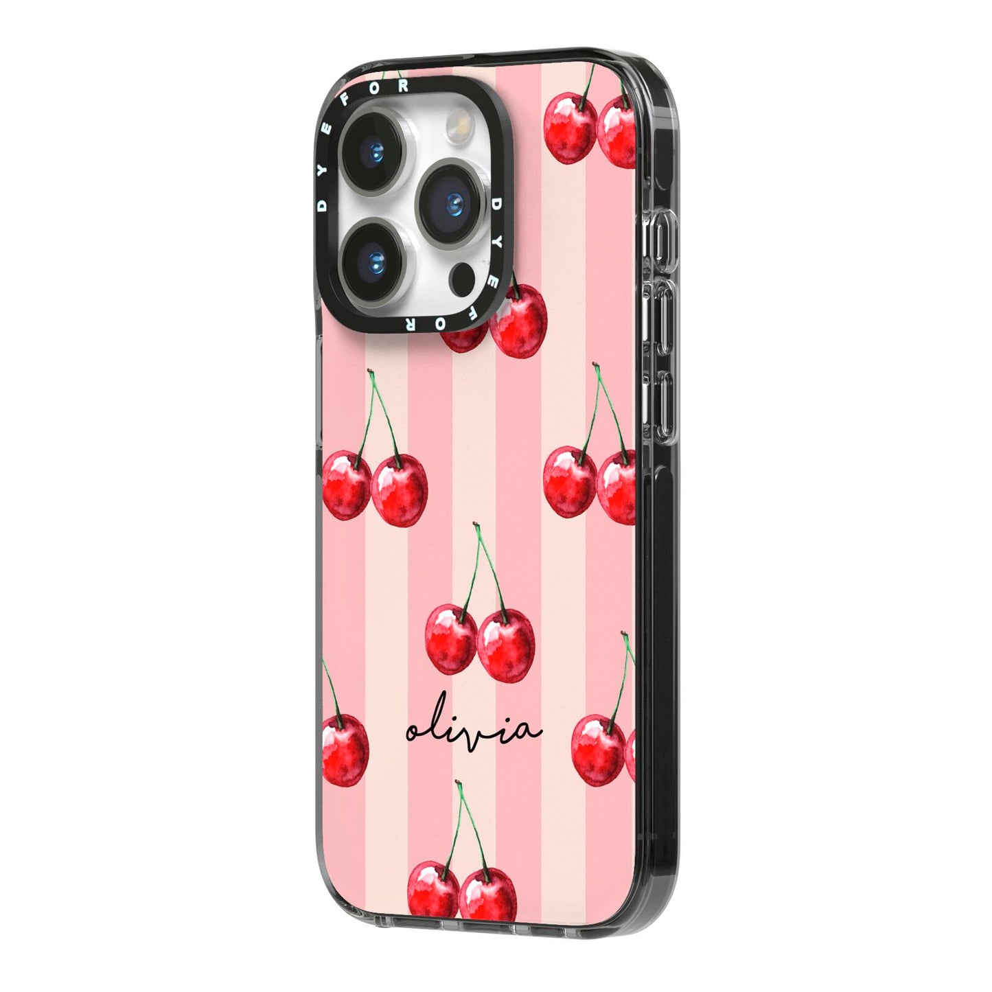 Pink Stripes with Cherries and Text iPhone 14 Pro Black Impact Case Side Angle on Silver phone