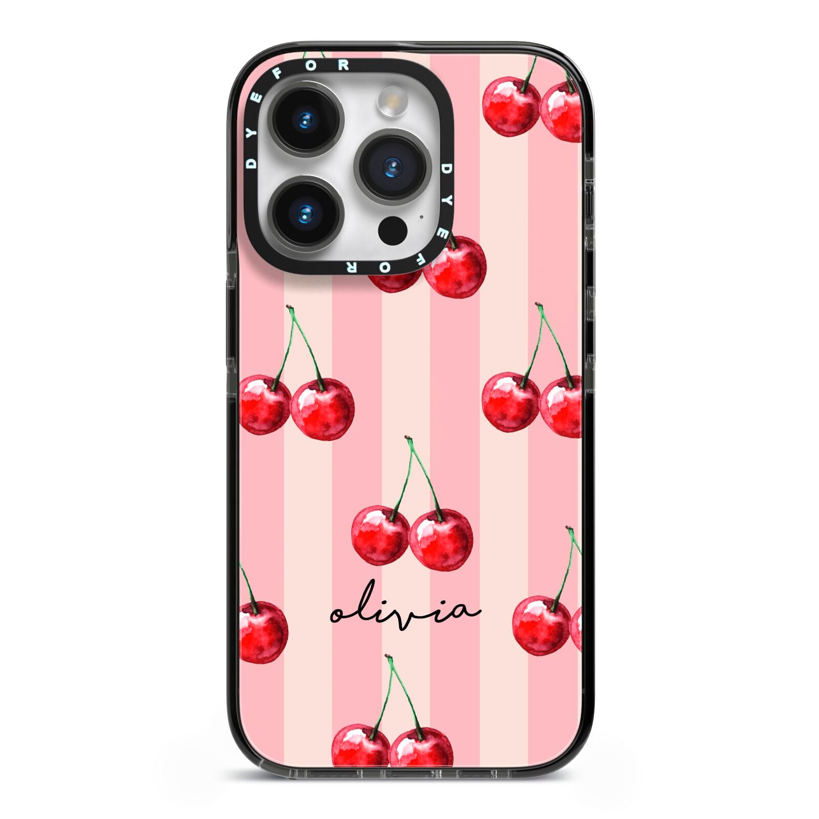 Pink Stripes with Cherries and Text iPhone 14 Pro Black Impact Case on Silver phone