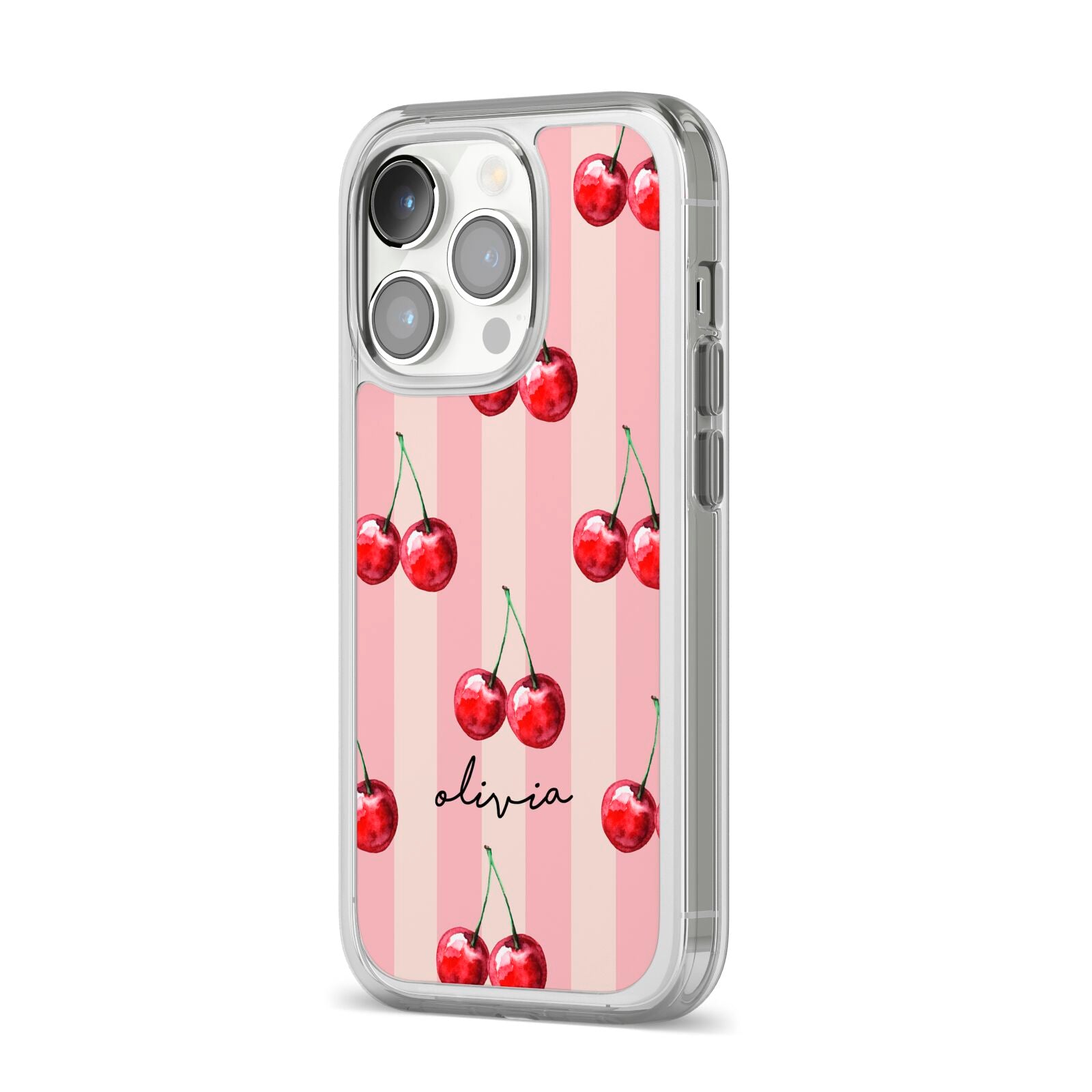 Pink Stripes with Cherries and Text iPhone 14 Pro Clear Tough Case Silver Angled Image