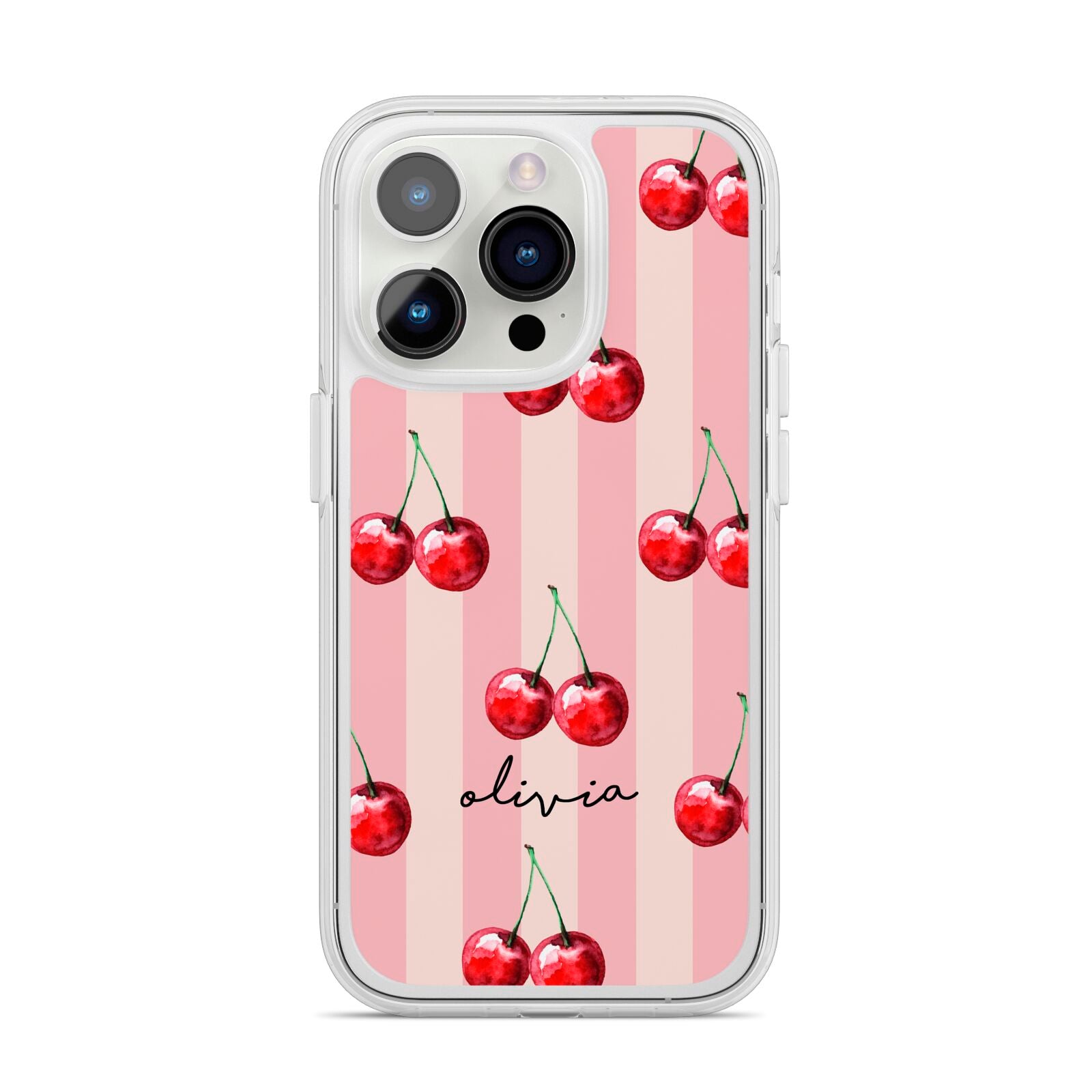 Pink Stripes with Cherries and Text iPhone 14 Pro Clear Tough Case Silver