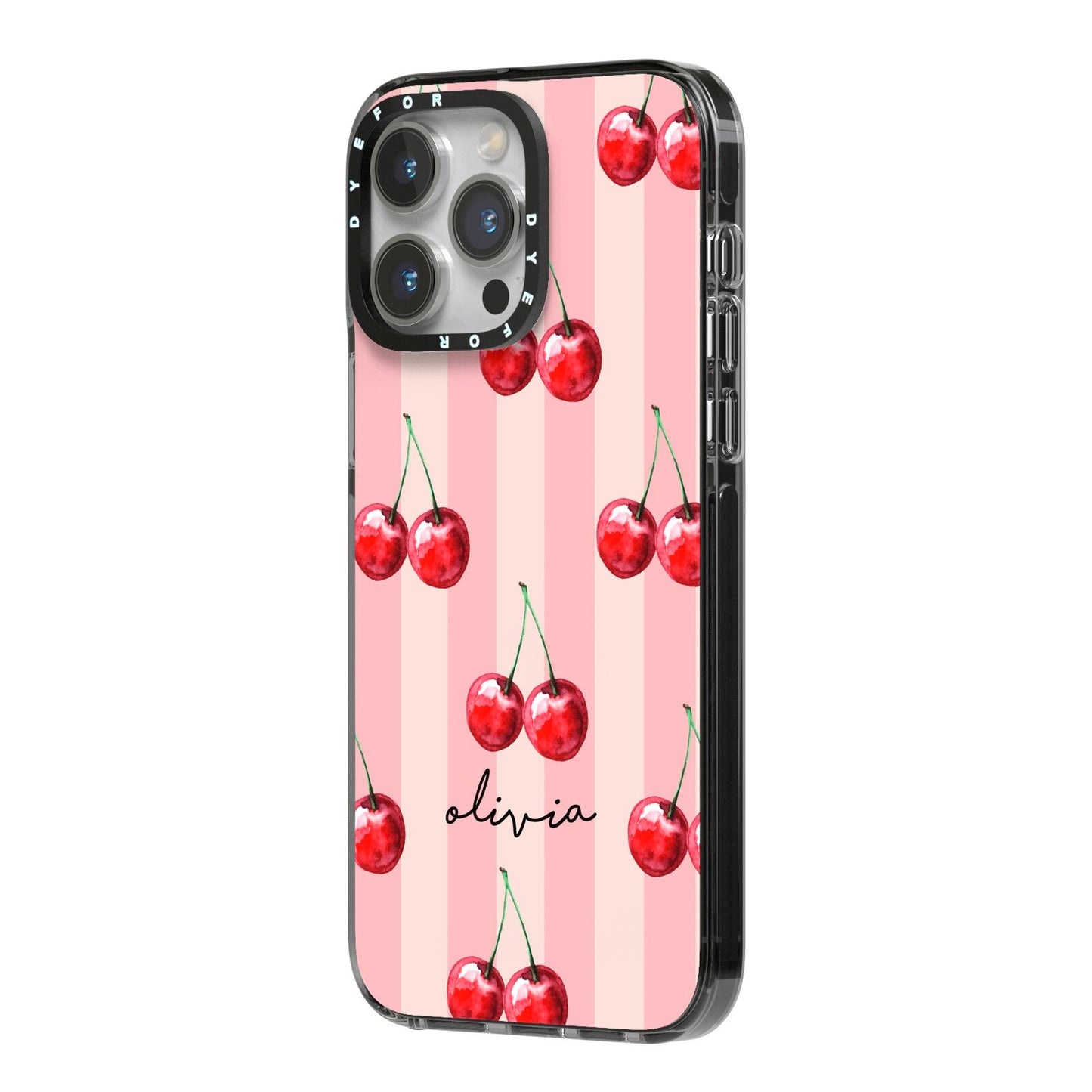 Pink Stripes with Cherries and Text iPhone 14 Pro Max Black Impact Case Side Angle on Silver phone