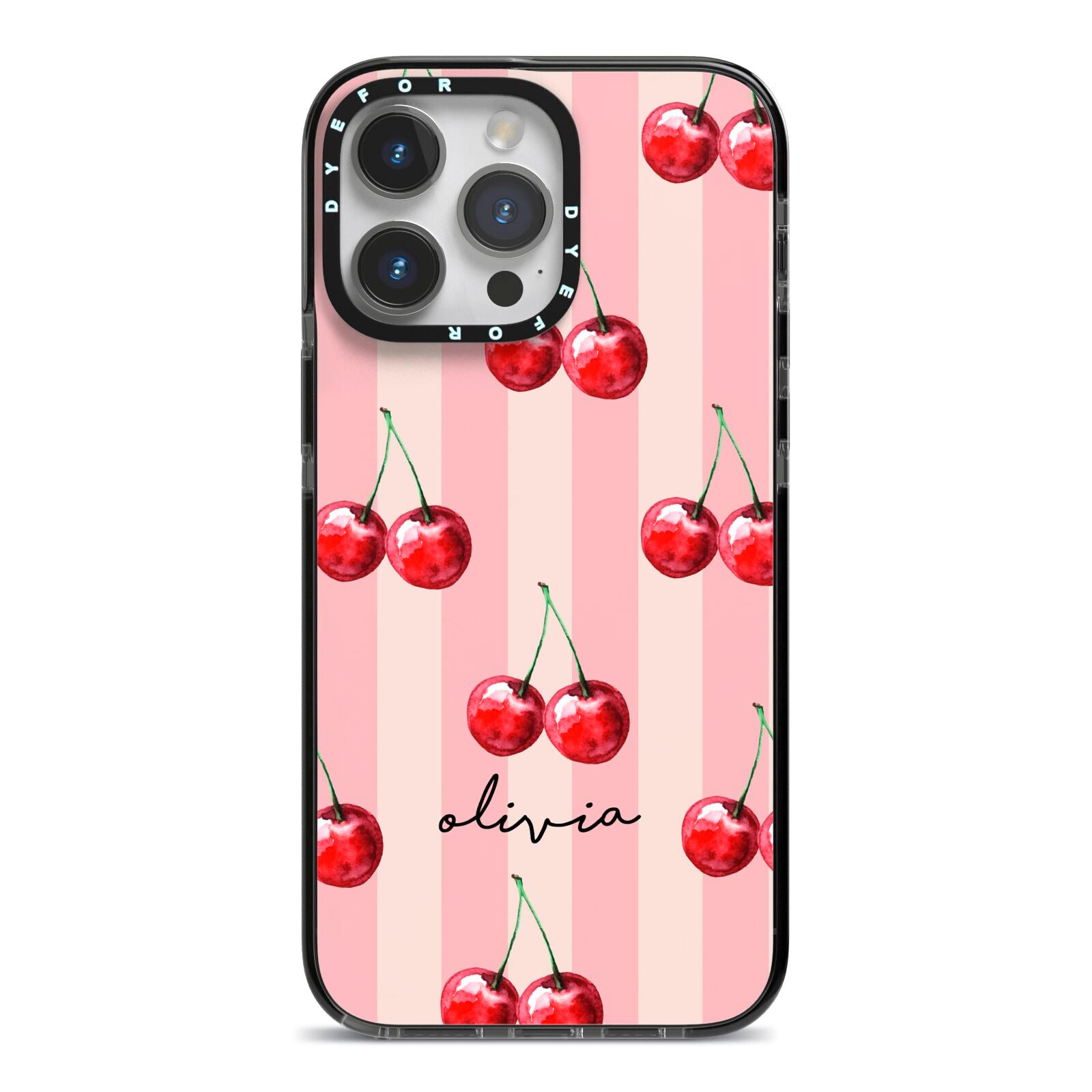 Pink Stripes with Cherries and Text iPhone 14 Pro Max Black Impact Case on Silver phone