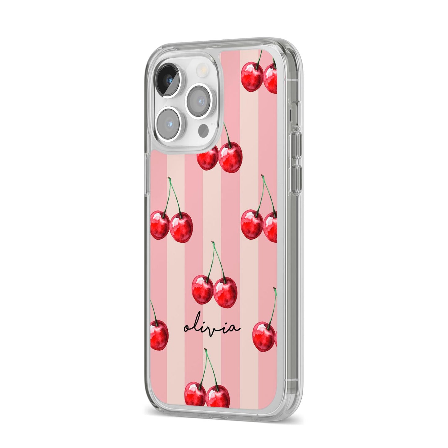 Pink Stripes with Cherries and Text iPhone 14 Pro Max Clear Tough Case Silver Angled Image