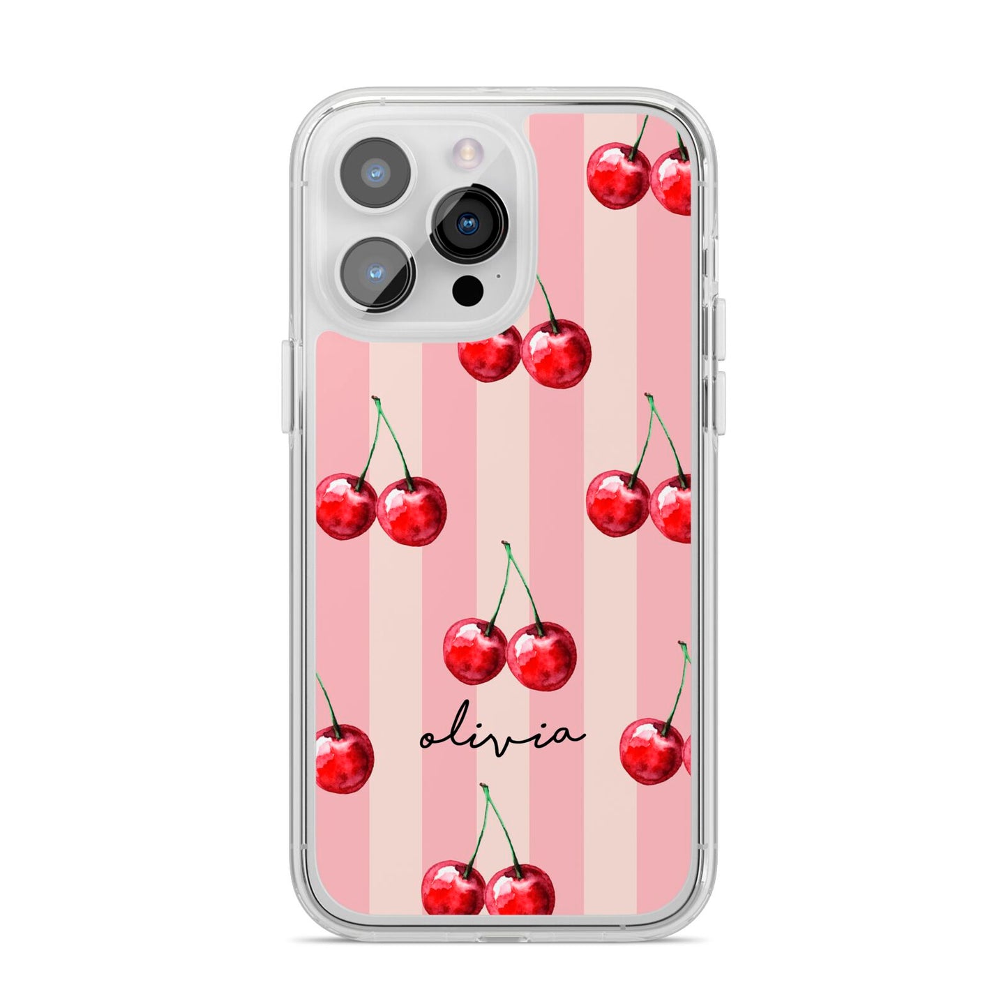 Pink Stripes with Cherries and Text iPhone 14 Pro Max Clear Tough Case Silver