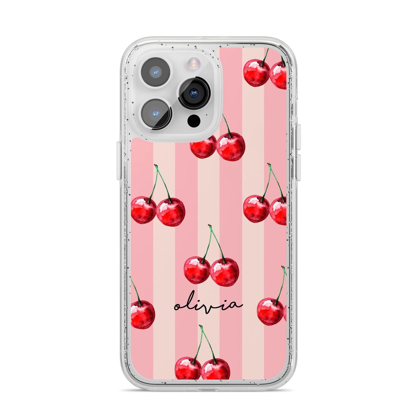 Pink Stripes with Cherries and Text iPhone 14 Pro Max Glitter Tough Case Silver