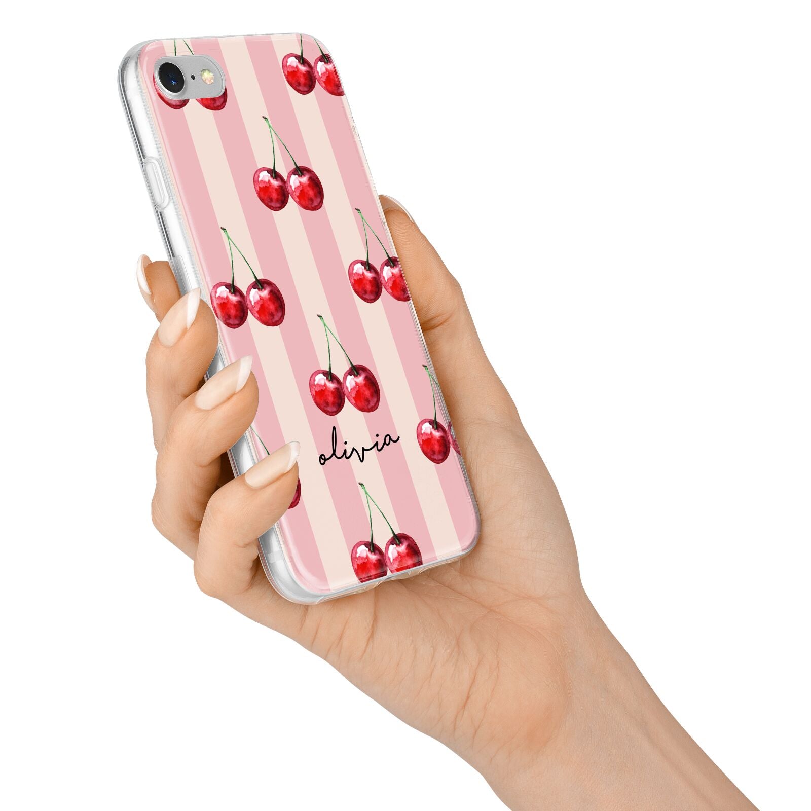 Pink Stripes with Cherries and Text iPhone 7 Bumper Case on Silver iPhone Alternative Image