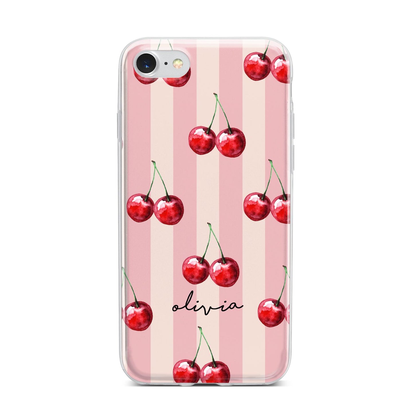 Pink Stripes with Cherries and Text iPhone 7 Bumper Case on Silver iPhone