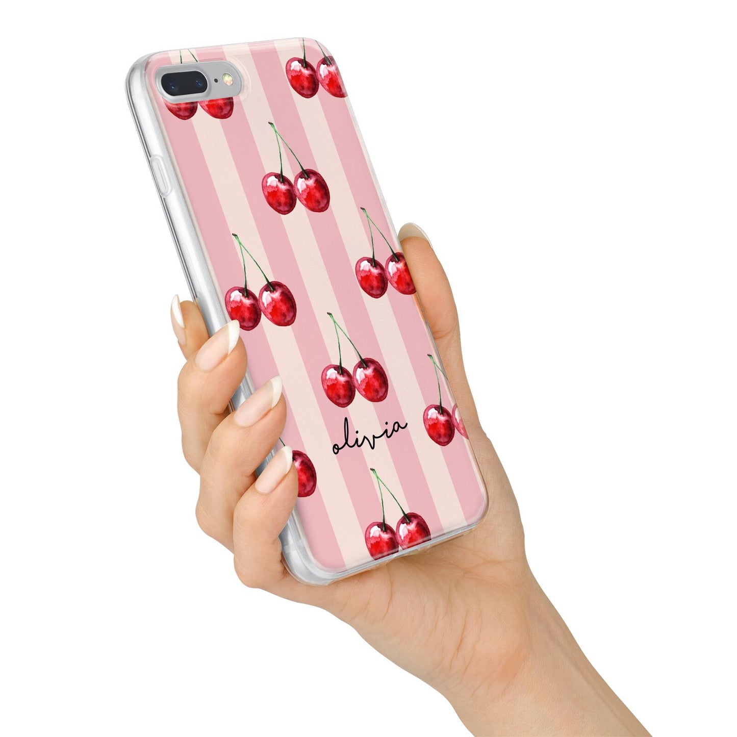 Pink Stripes with Cherries and Text iPhone 7 Plus Bumper Case on Silver iPhone Alternative Image