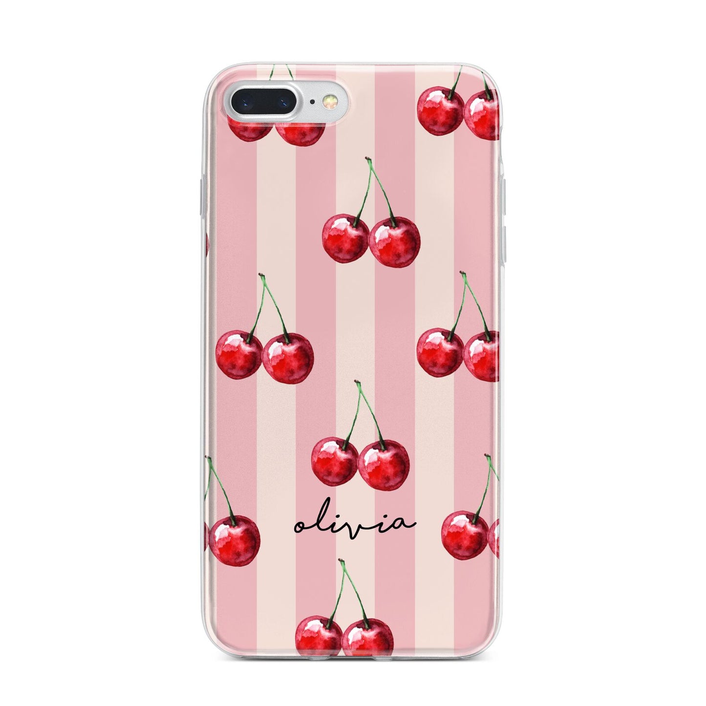 Pink Stripes with Cherries and Text iPhone 7 Plus Bumper Case on Silver iPhone