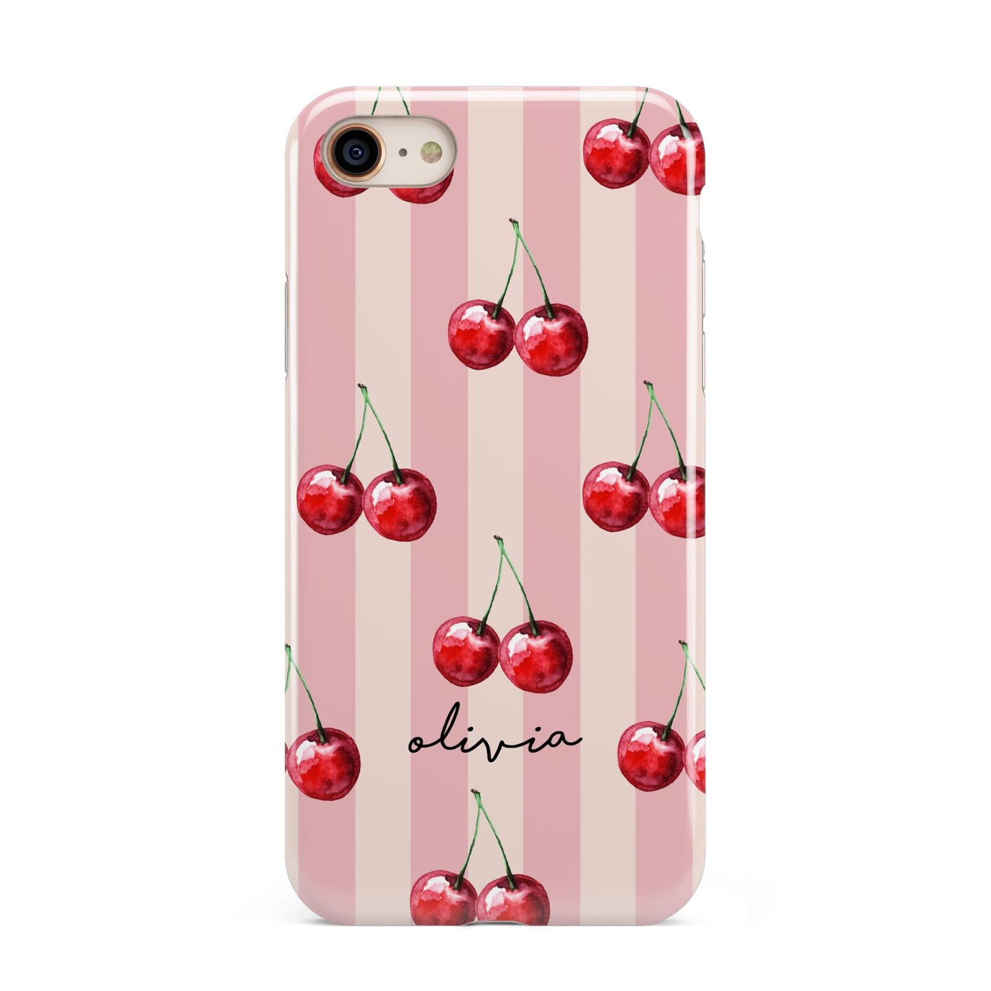 Pink Stripes with Cherries and Text iPhone 8 3D Tough Case on Gold Phone