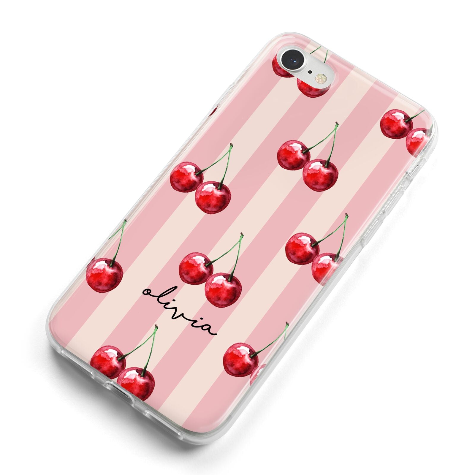 Pink Stripes with Cherries and Text iPhone 8 Bumper Case on Silver iPhone Alternative Image