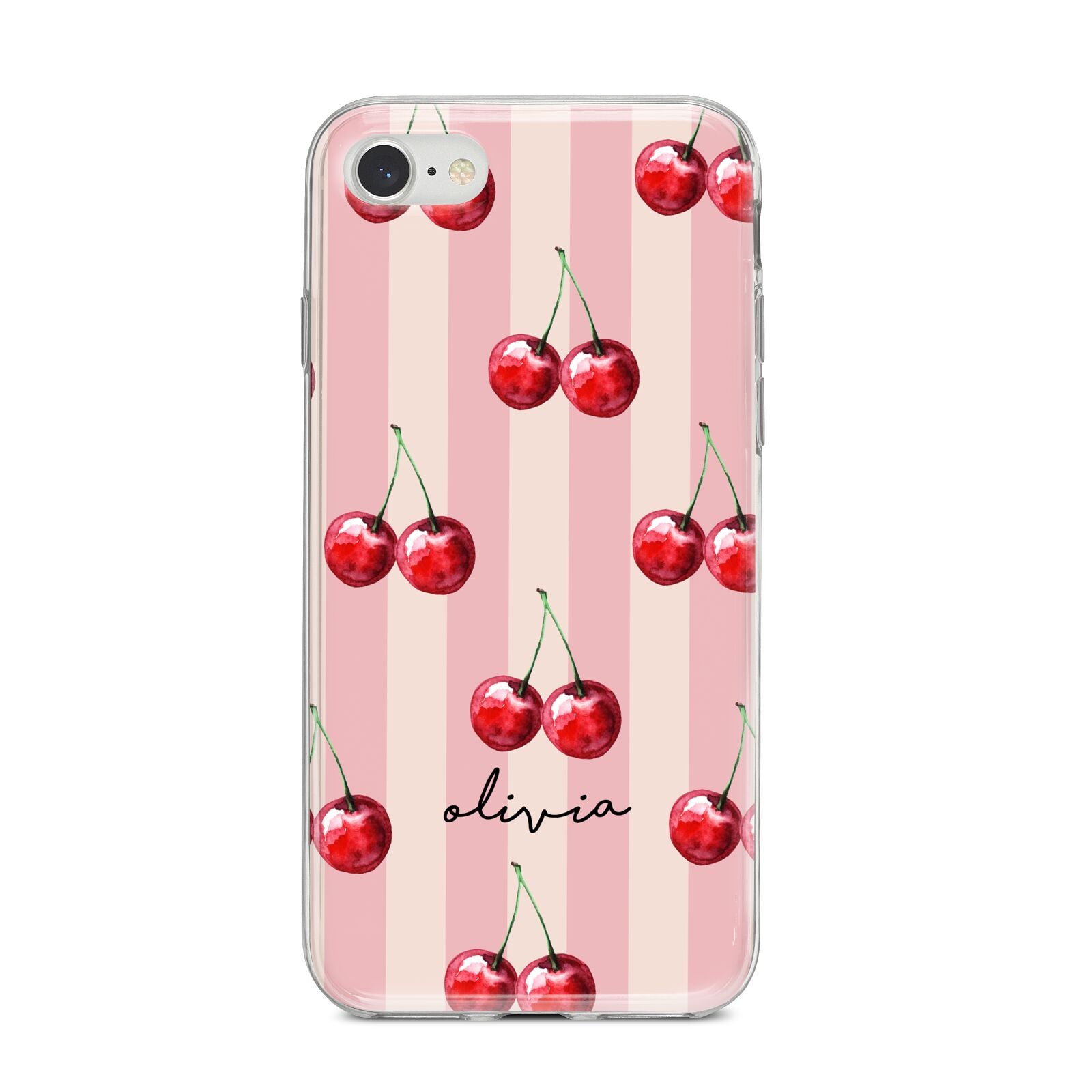 Pink Stripes with Cherries and Text iPhone 8 Bumper Case on Silver iPhone