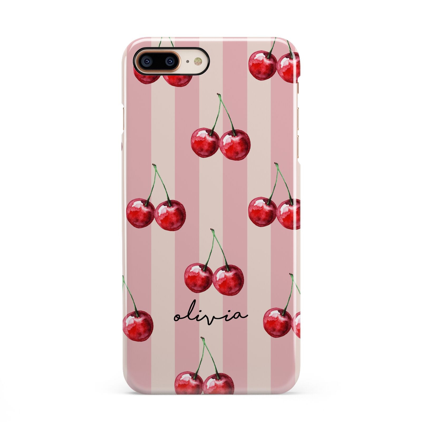 Pink Stripes with Cherries and Text iPhone 8 Plus 3D Snap Case on Gold Phone