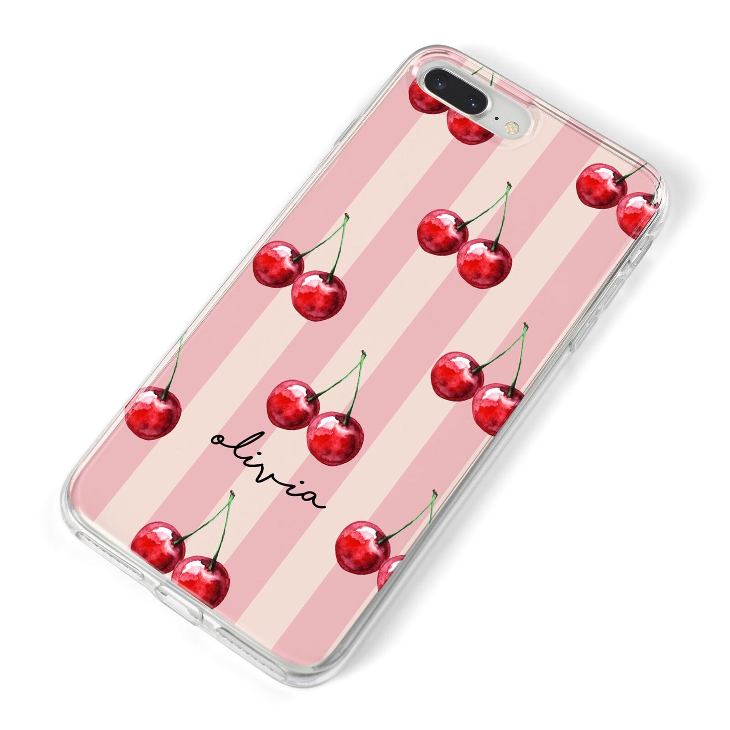 Pink Stripes with Cherries and Text iPhone 8 Plus Bumper Case on Silver iPhone Alternative Image