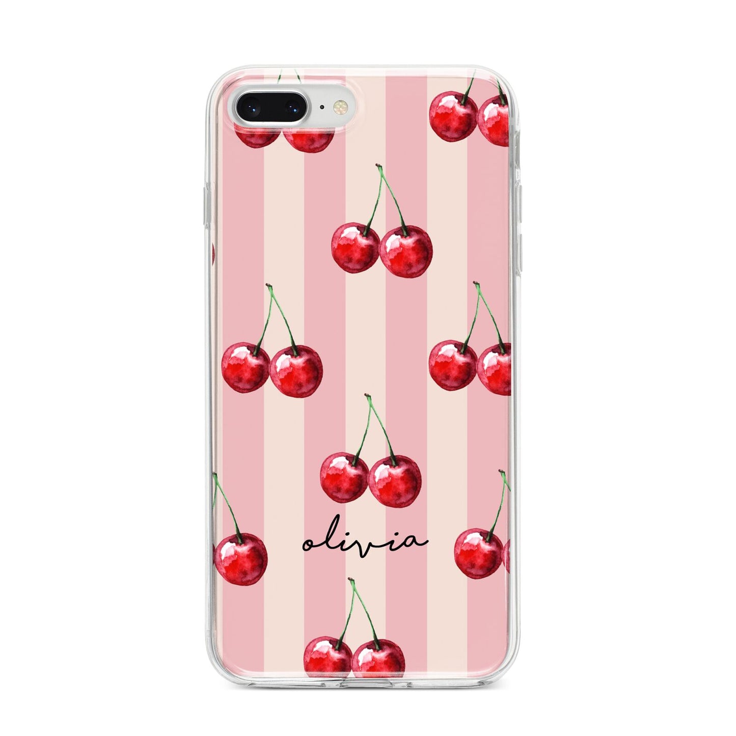 Pink Stripes with Cherries and Text iPhone 8 Plus Bumper Case on Silver iPhone