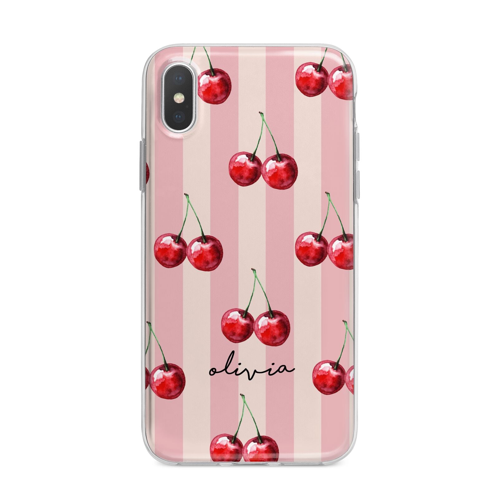 Pink Stripes with Cherries and Text iPhone X Bumper Case on Silver iPhone Alternative Image 1