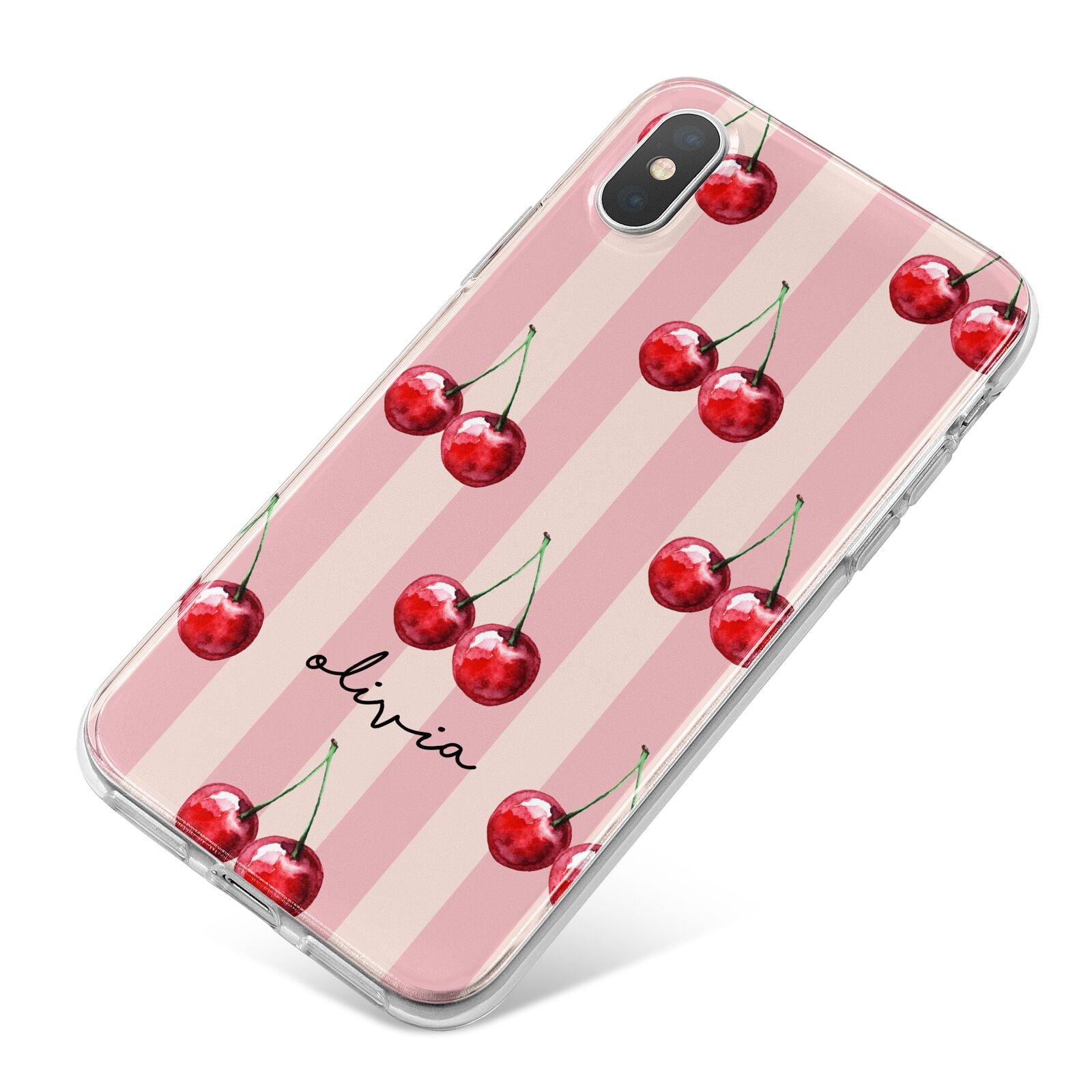 Pink Stripes with Cherries and Text iPhone X Bumper Case on Silver iPhone