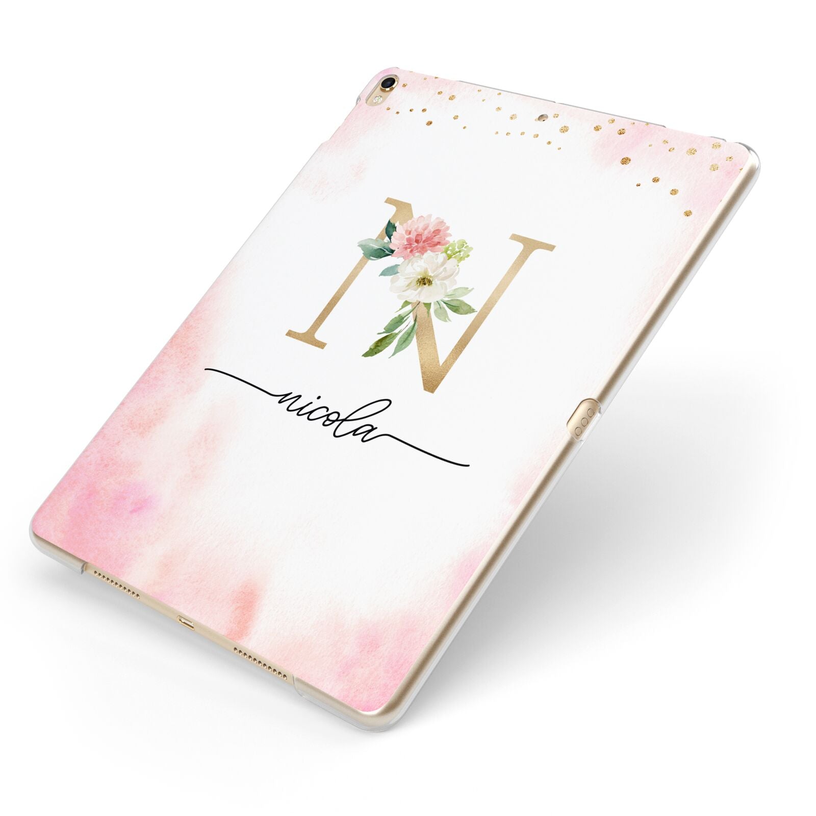 Pink Watercolour Monogram Apple iPad Case on Gold iPad Side View