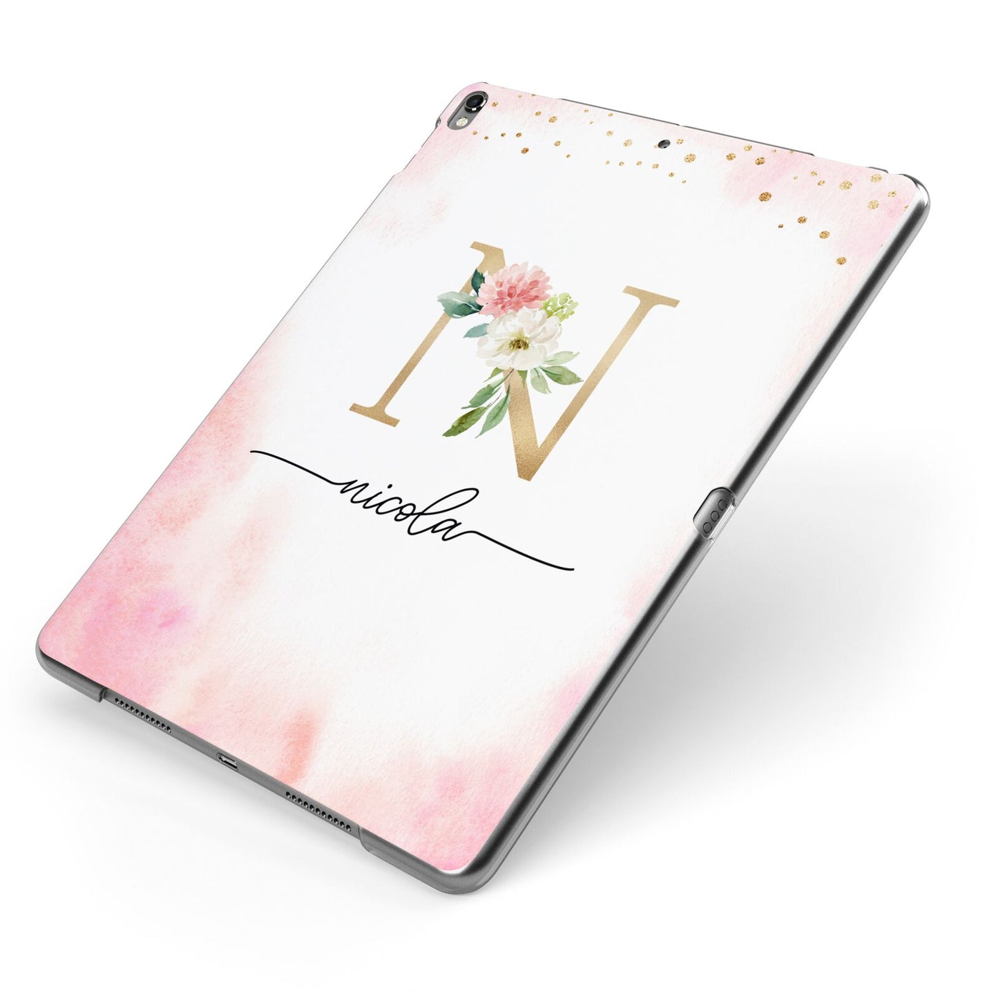 Pink Watercolour Monogram Apple iPad Case on Grey iPad Side View