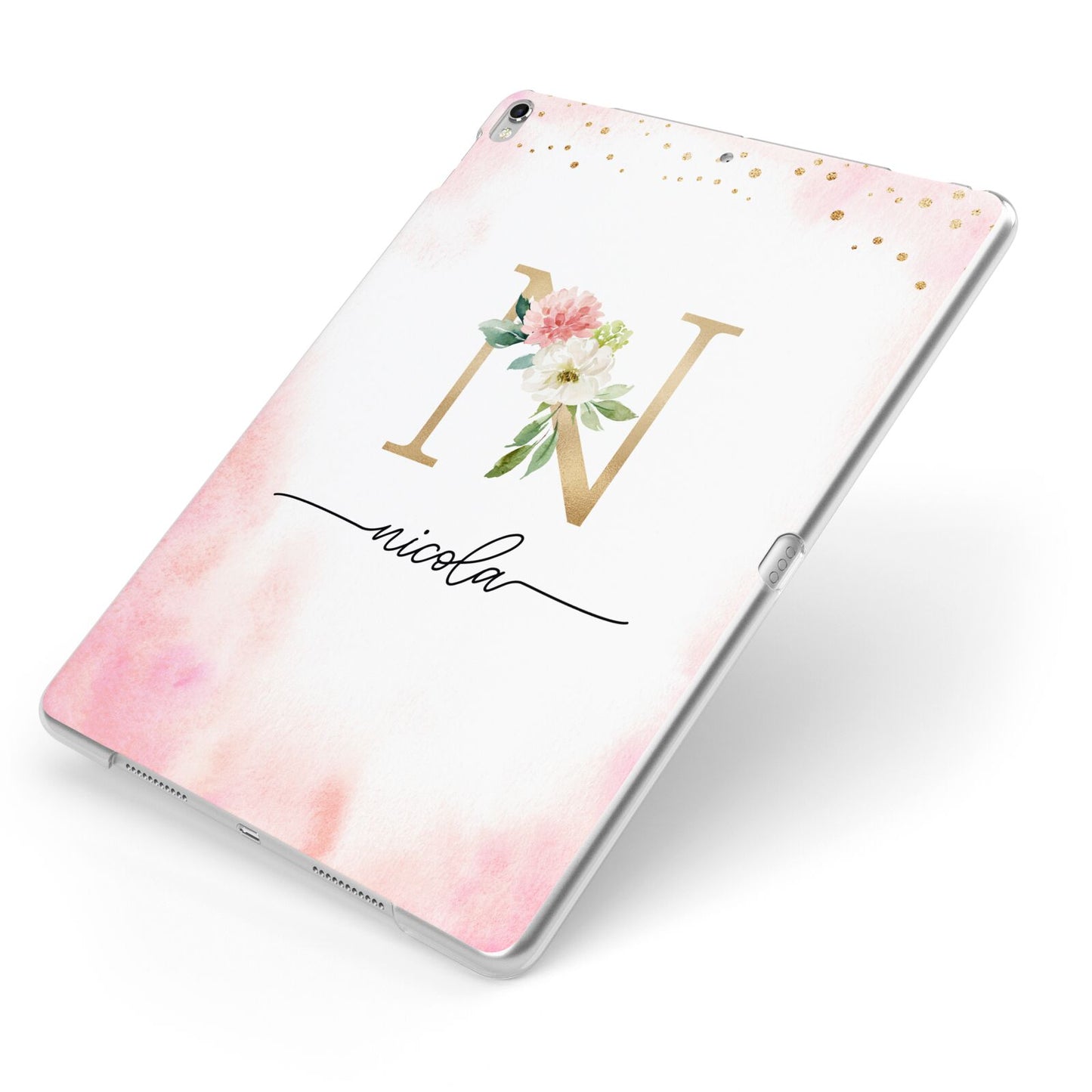 Pink Watercolour Monogram Apple iPad Case on Silver iPad Side View