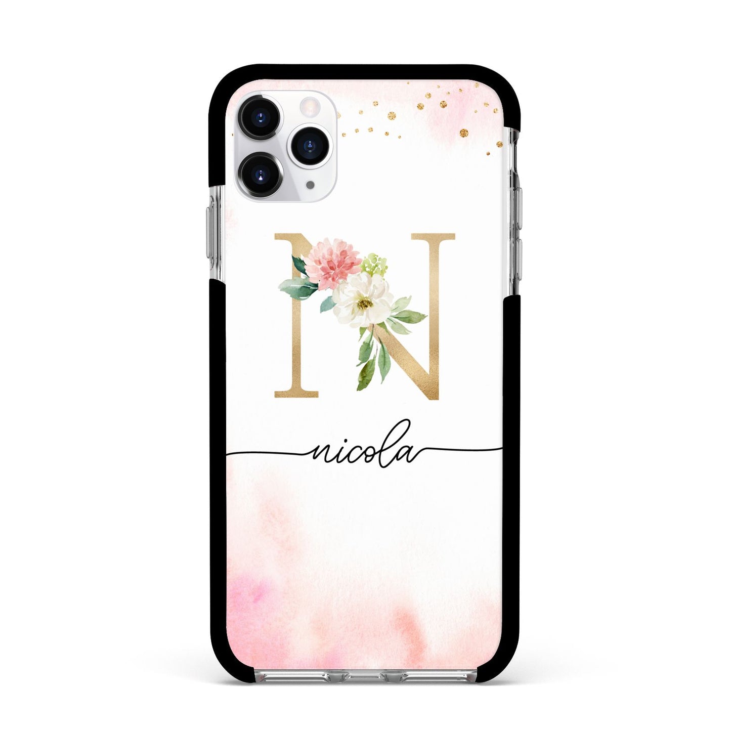 Pink Watercolour Monogram Apple iPhone 11 Pro Max in Silver with Black Impact Case