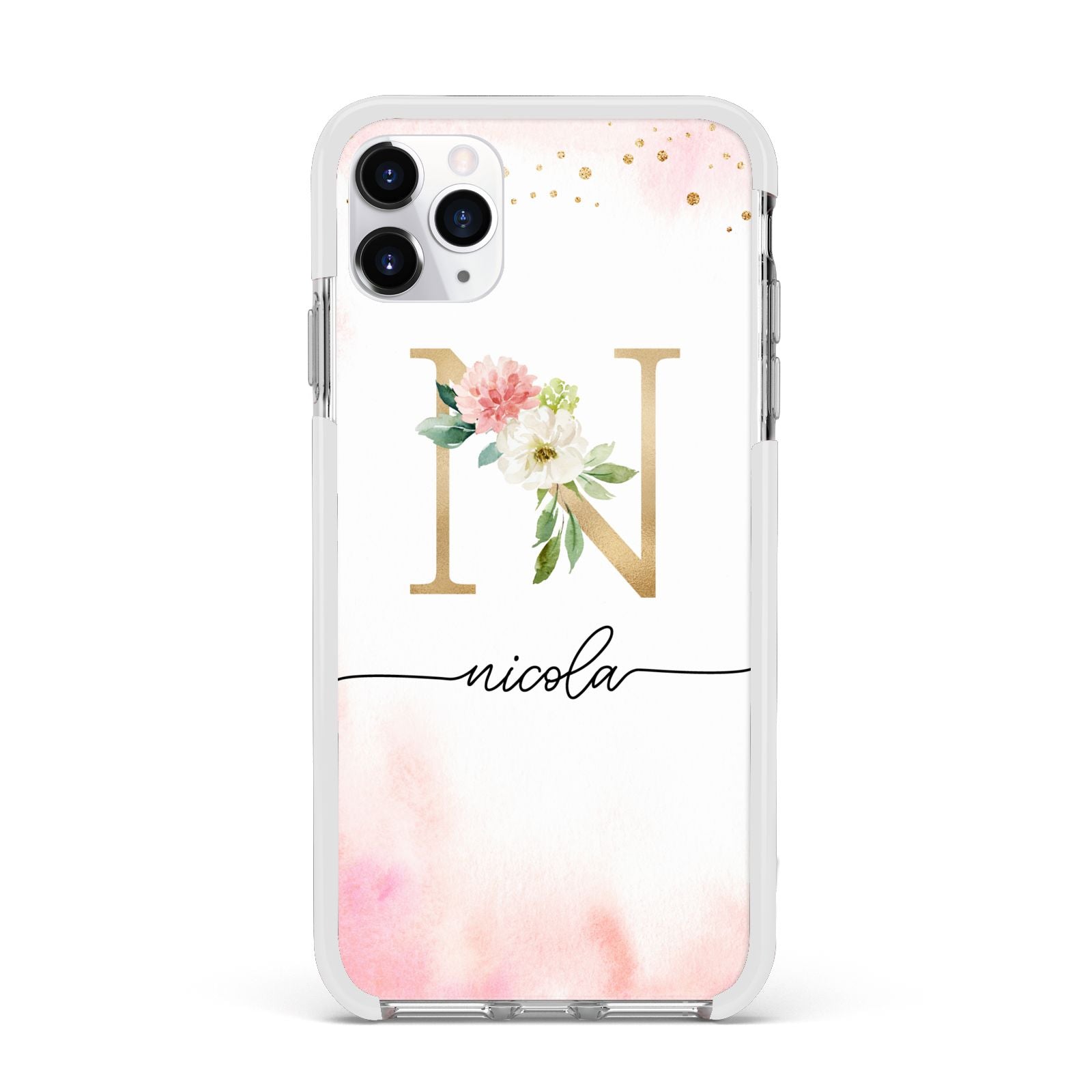 Pink Watercolour Monogram Apple iPhone 11 Pro Max in Silver with White Impact Case