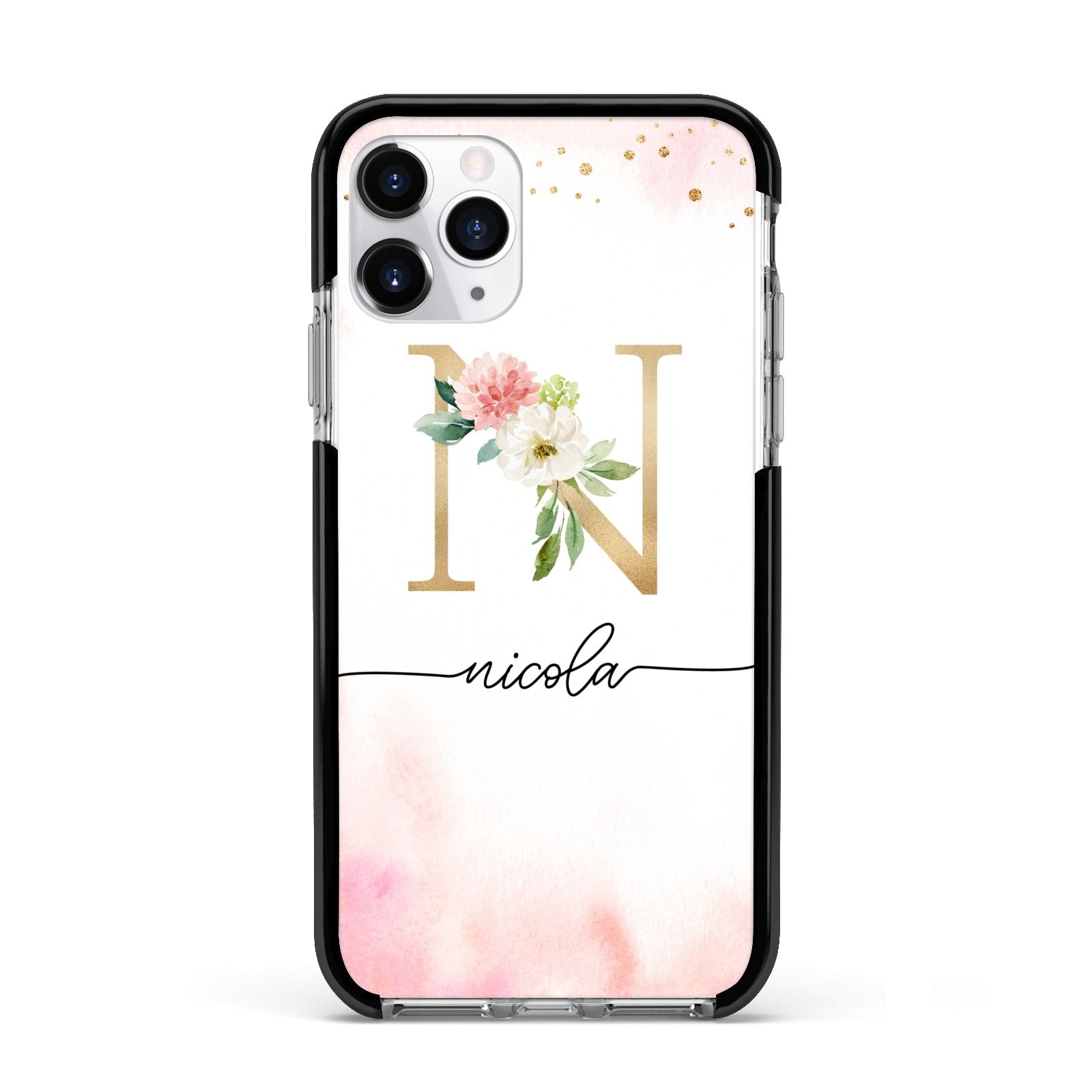 Pink Watercolour Monogram Apple iPhone 11 Pro in Silver with Black Impact Case