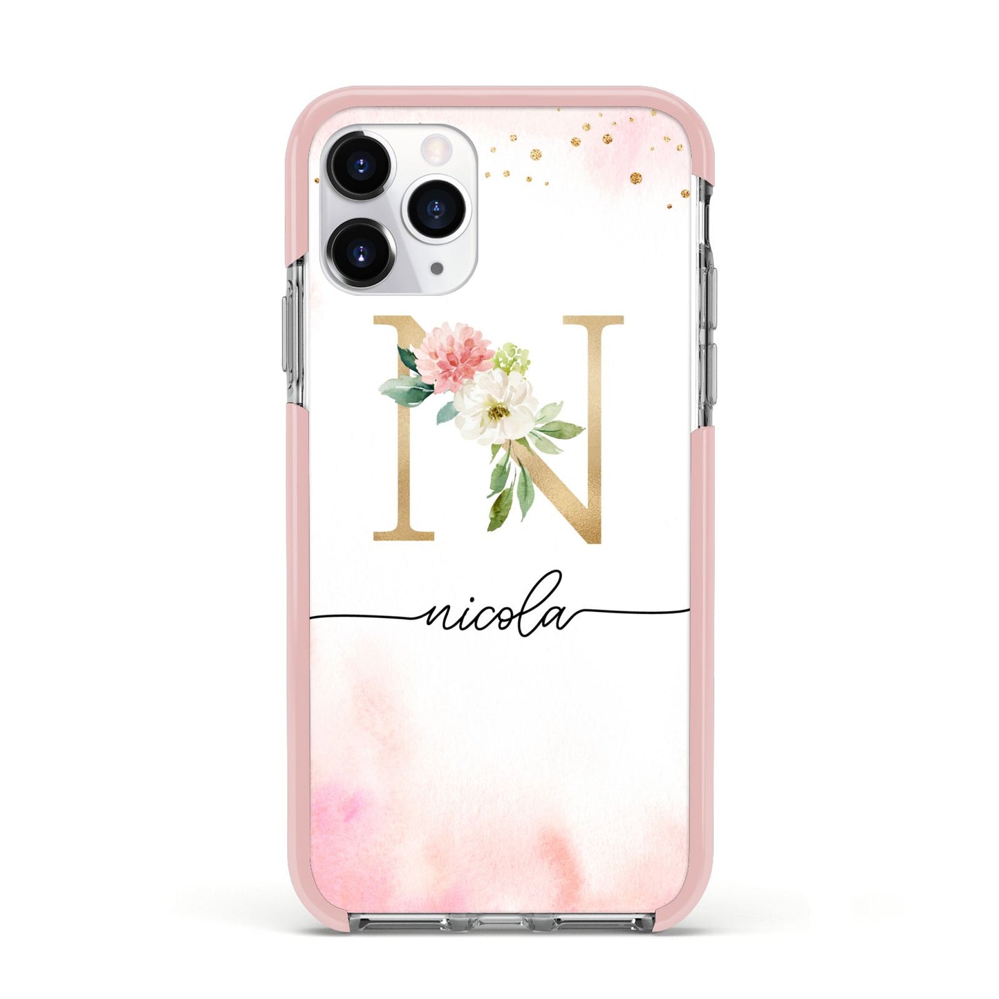 Pink Watercolour Monogram Apple iPhone 11 Pro in Silver with Pink Impact Case