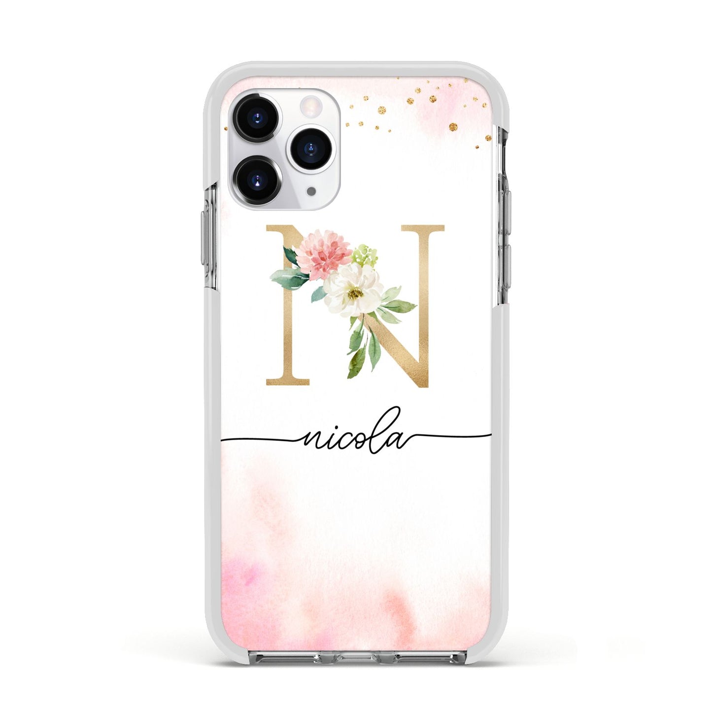 Pink Watercolour Monogram Apple iPhone 11 Pro in Silver with White Impact Case