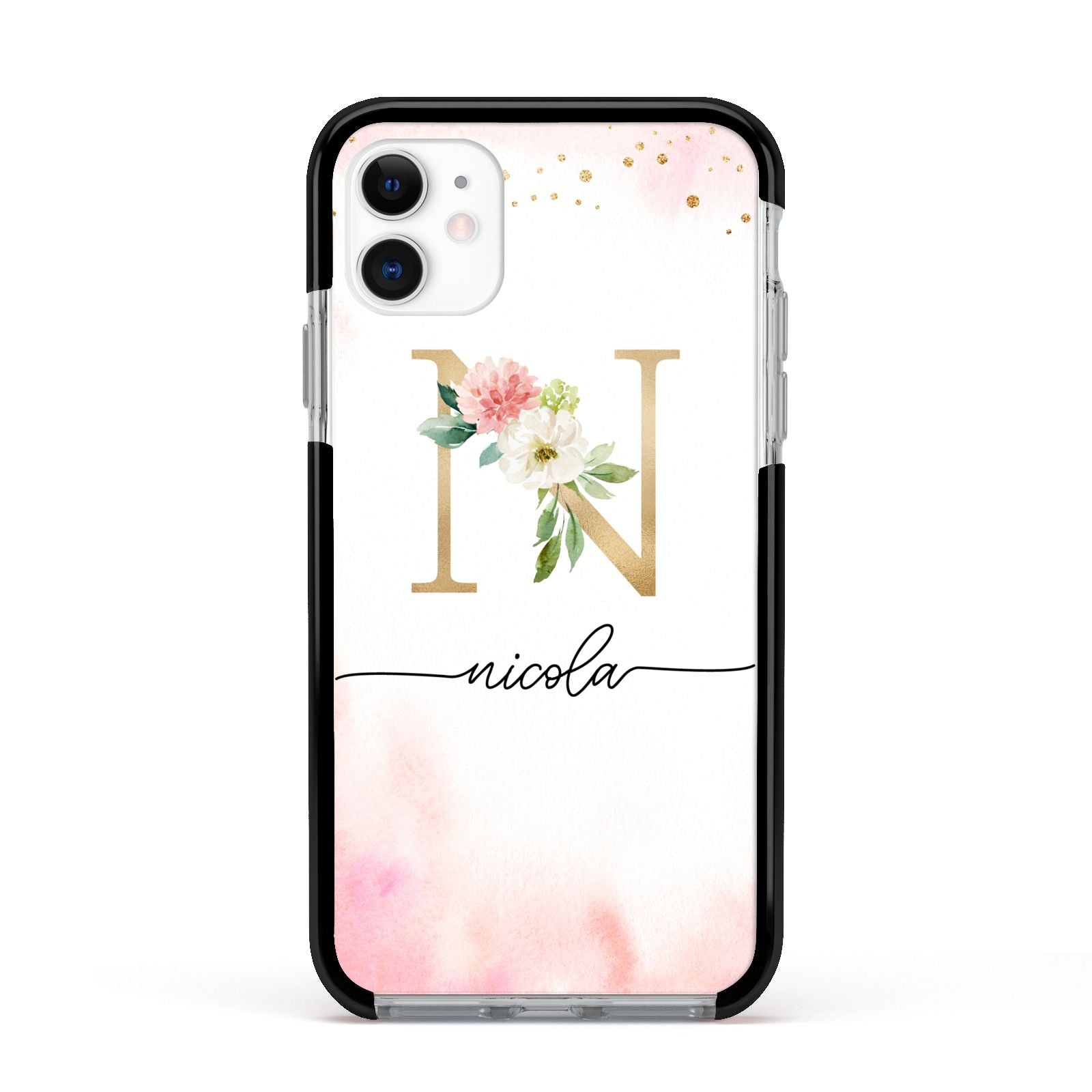 Pink Watercolour Monogram Apple iPhone 11 in White with Black Impact Case